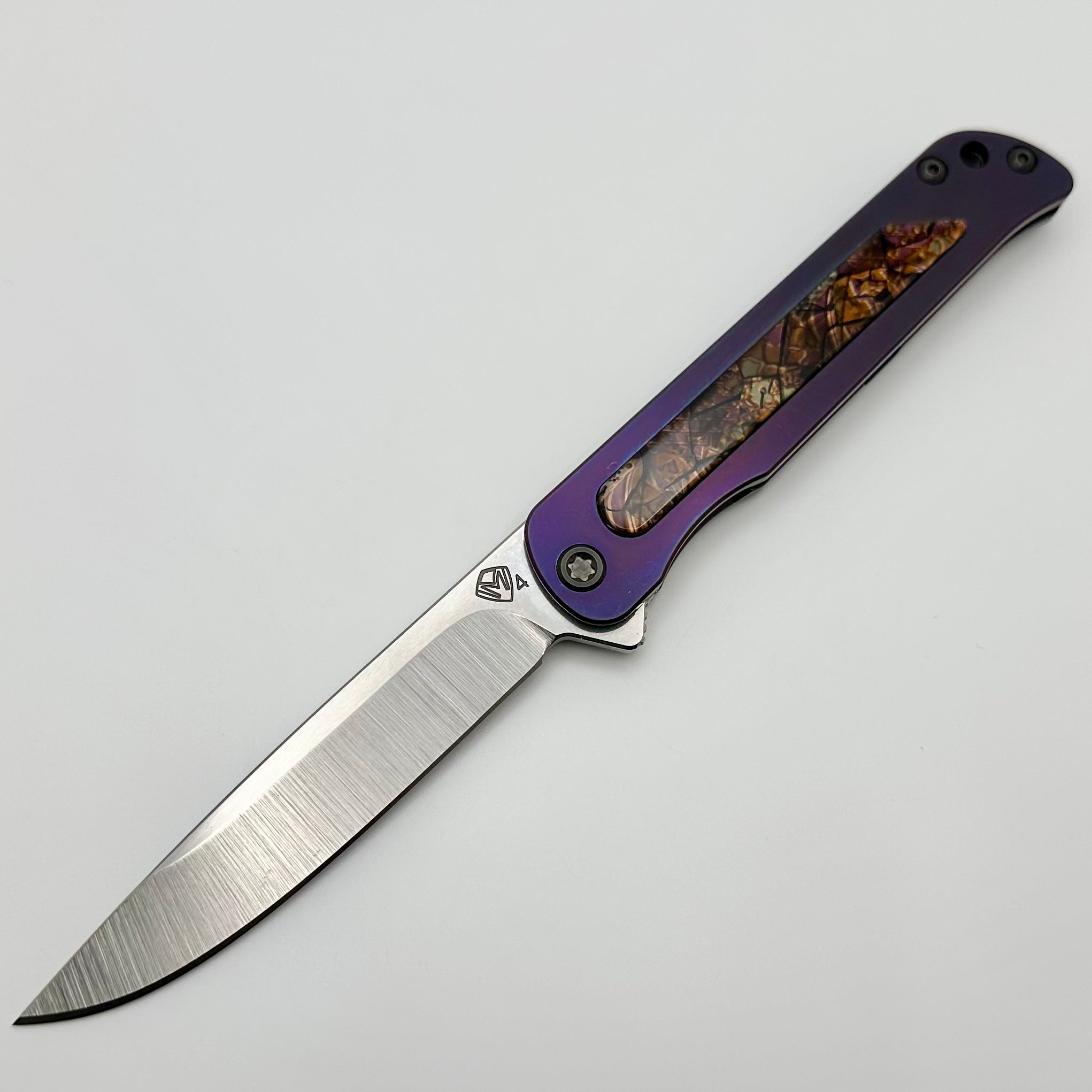 Medford T-Bone Bronze Tumbled Titanium Framelock Flipper w/ Violet Safari Handles & Black Hardware w/ Tumbled S45VN Drop Point