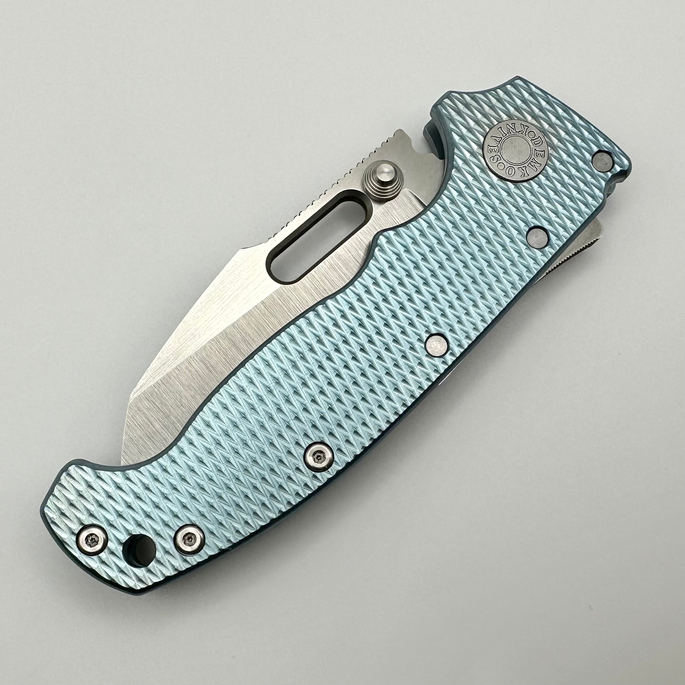 Demko Knives Hand Ground Custom AD20 MagnaCut & Artic Blue Textured Titanium