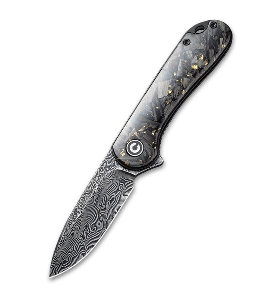 Civivi Elementum Flipper Knife - Shredded Carbon Fiber And Golden Shred In Clear Resin Contoured Handle (2.96 Black Hand Rubbed Damascus) C 907C-DS1