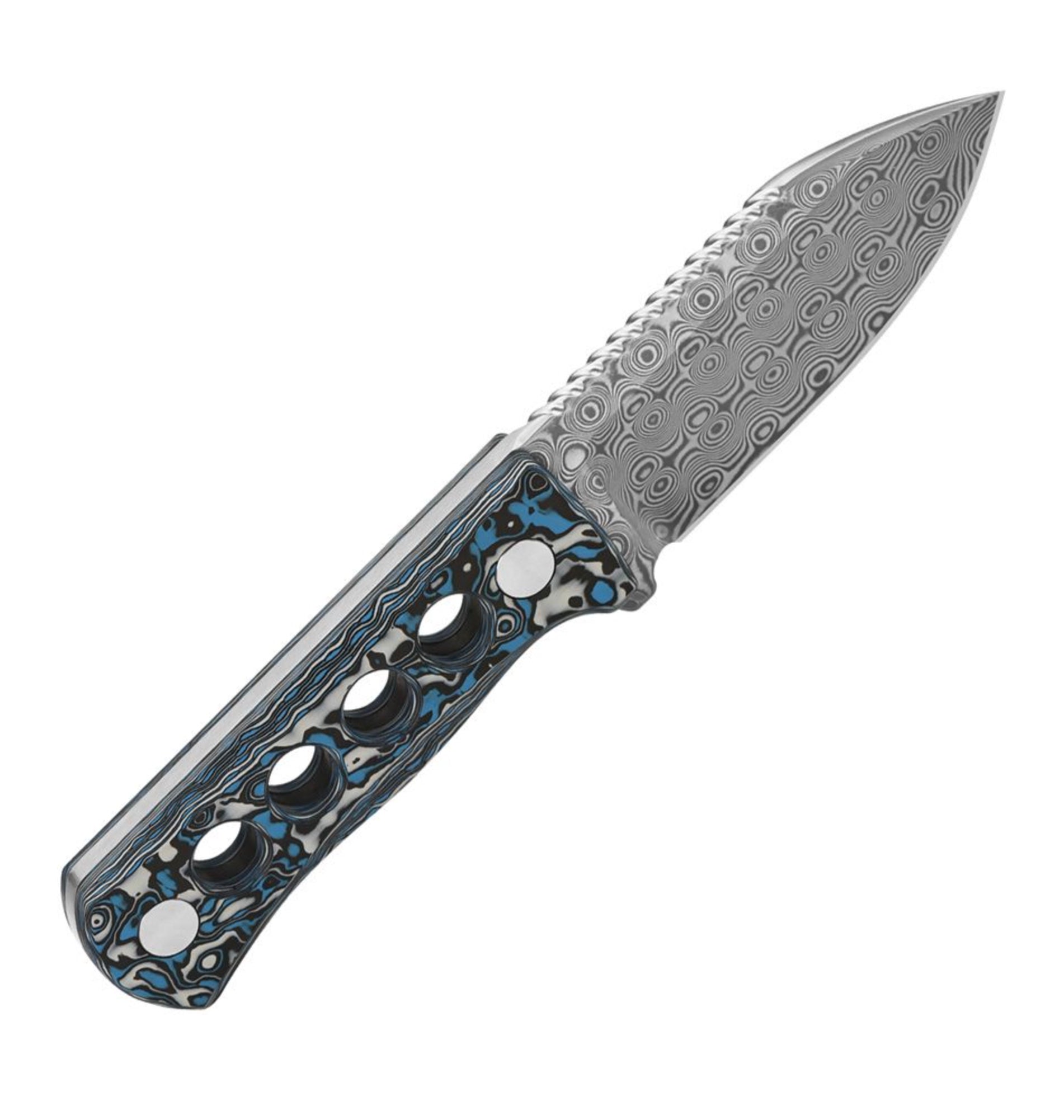 QSP Canary Neck Knife w/ Laminated Damascus & Black/White/Blue Carbon Fiber Handle QS141-I