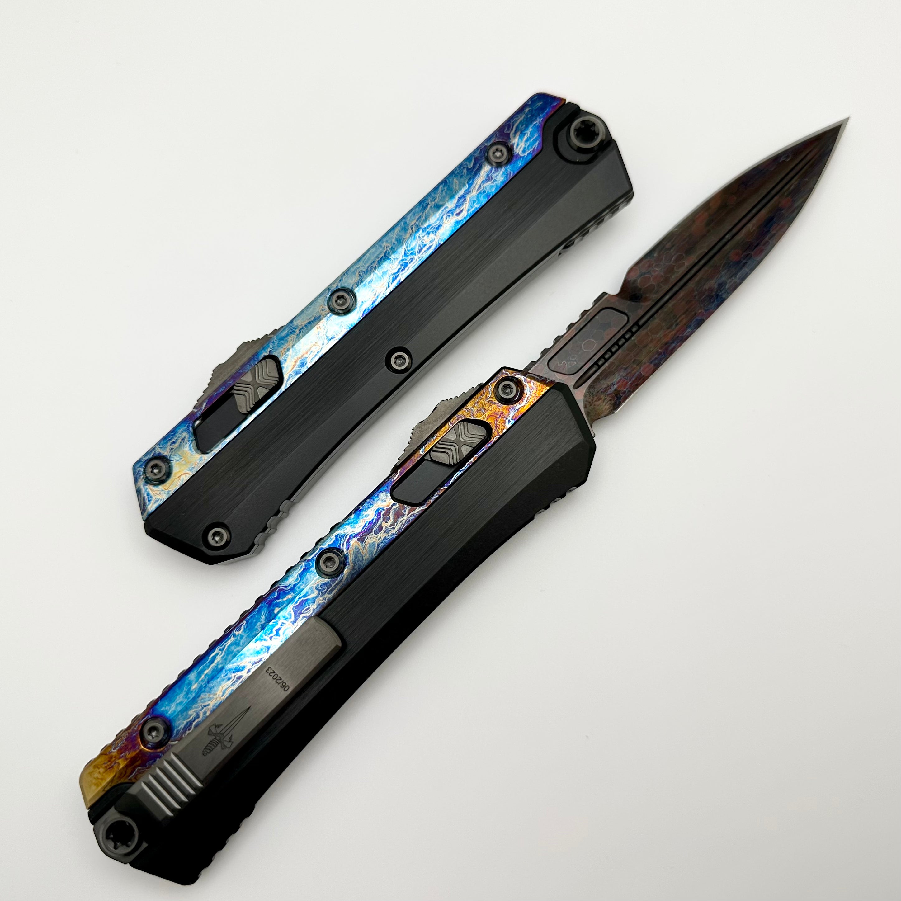 Marfione Custom Knives Glykon Hot Blued Dragonskin Bertie Rietveld Ball Bearing Damascus w/ Galactic Acid Overlays