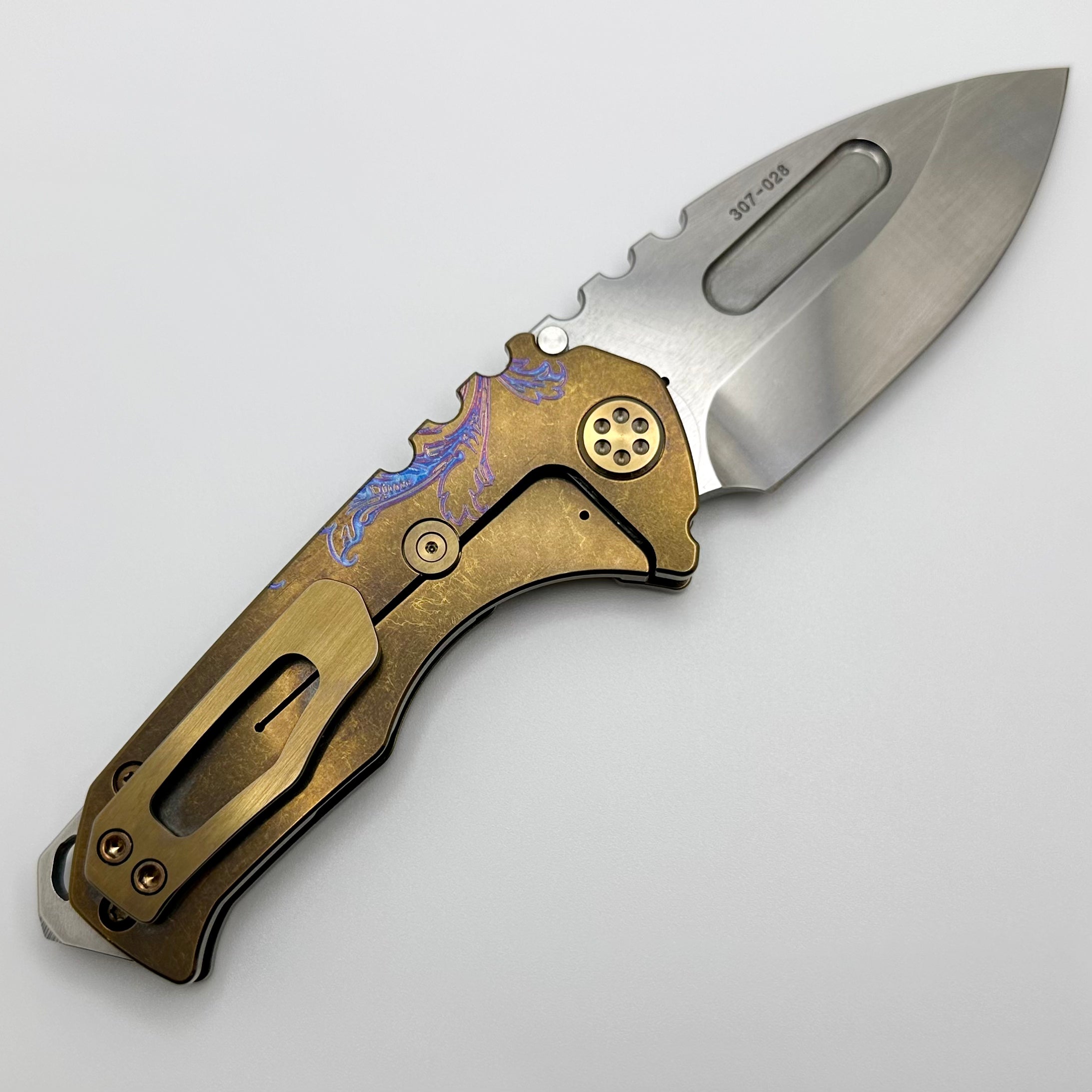 Medford Praetorian Genesis T S45 Tumbled Drop Point & Bronze Deep Engraved Laurel Leaf Filigree Handles w/ Bronze Hardware/Clip