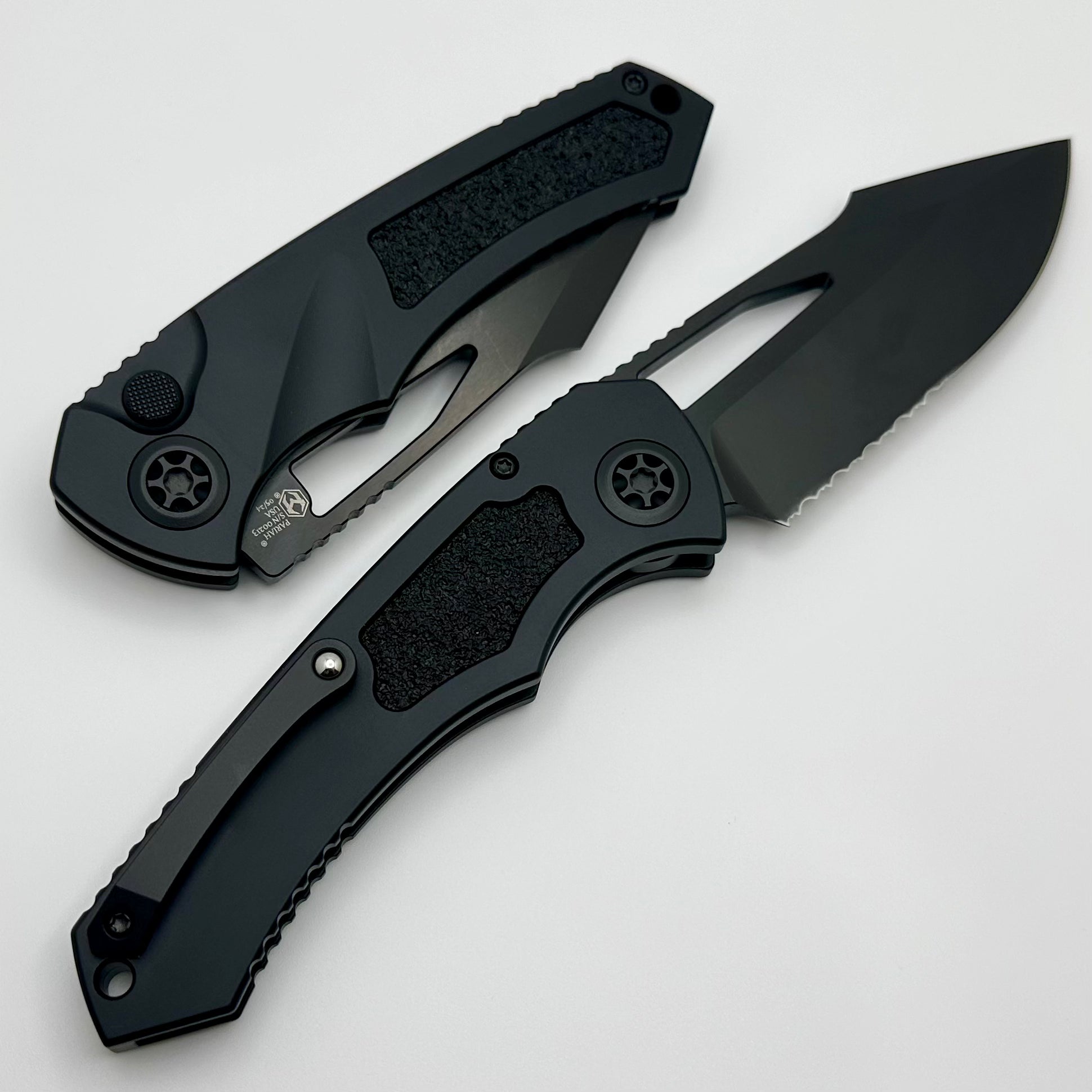 Heretic Knives Pariah M/A Button Lock DLC Tactical Standard Aluminum Handles w/ Serrated MagnaCut H046-6B-T