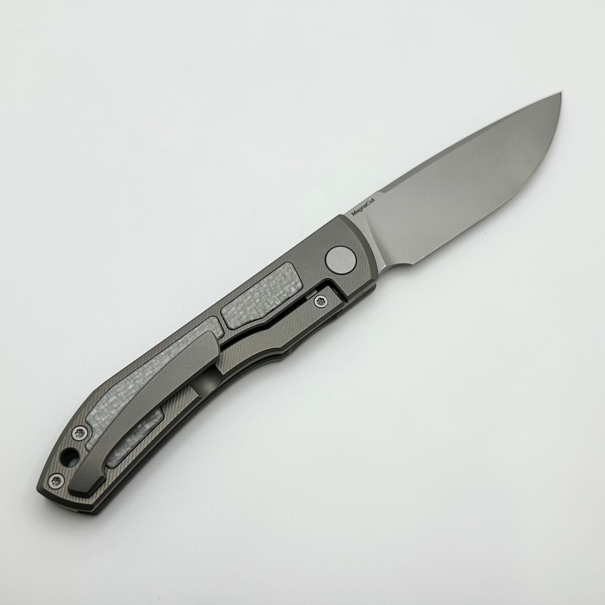 Uldanov Custom Knives Sierra w/ Milled Titanium/Silver Twill Carbon Fiber Inlays & M398 Front Flipper #60