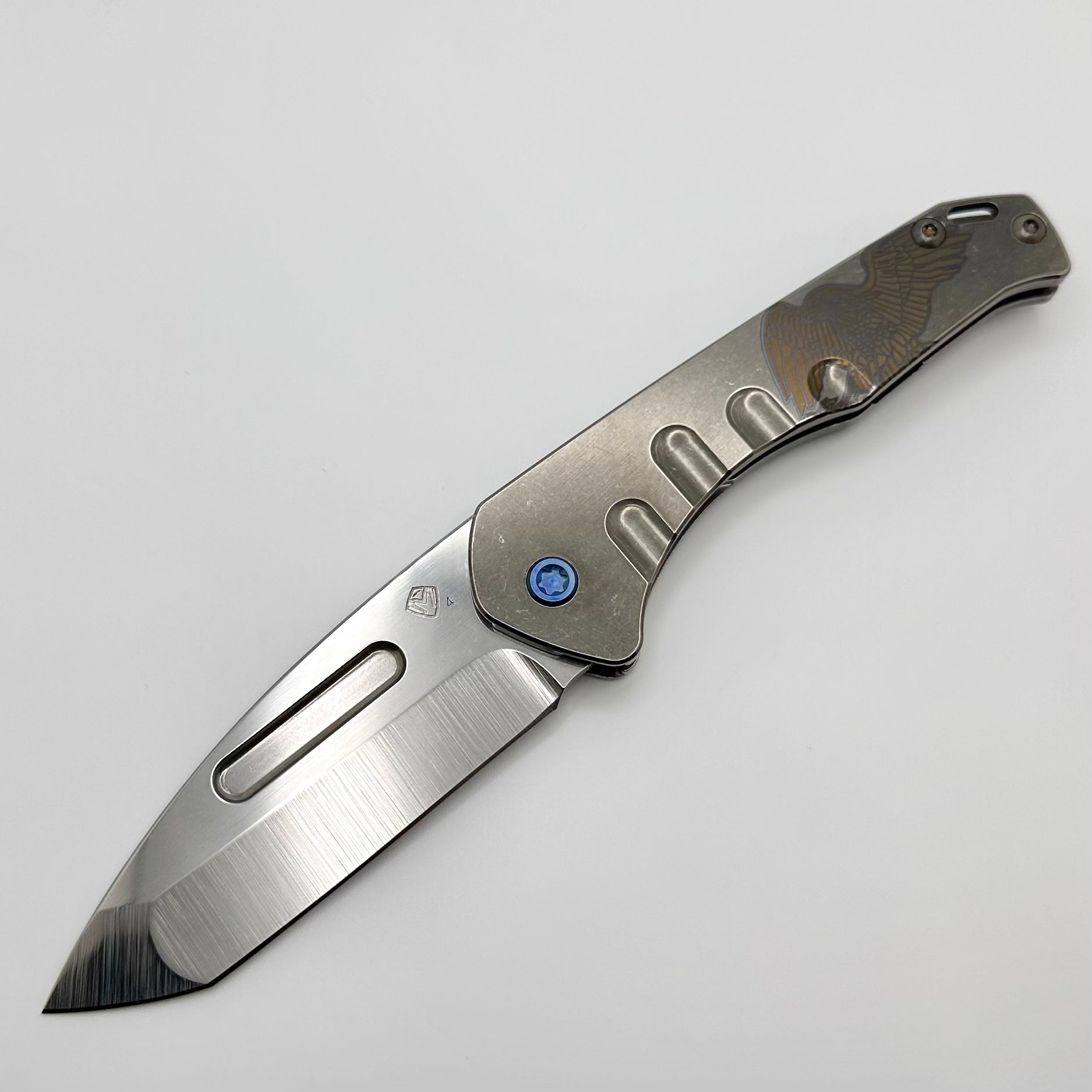 Medford Praetorian Slim S45VN Tumbled Tanto & Tumbled Patriotic Eagle Engraved Handles w/ Blue Hardware/Clip