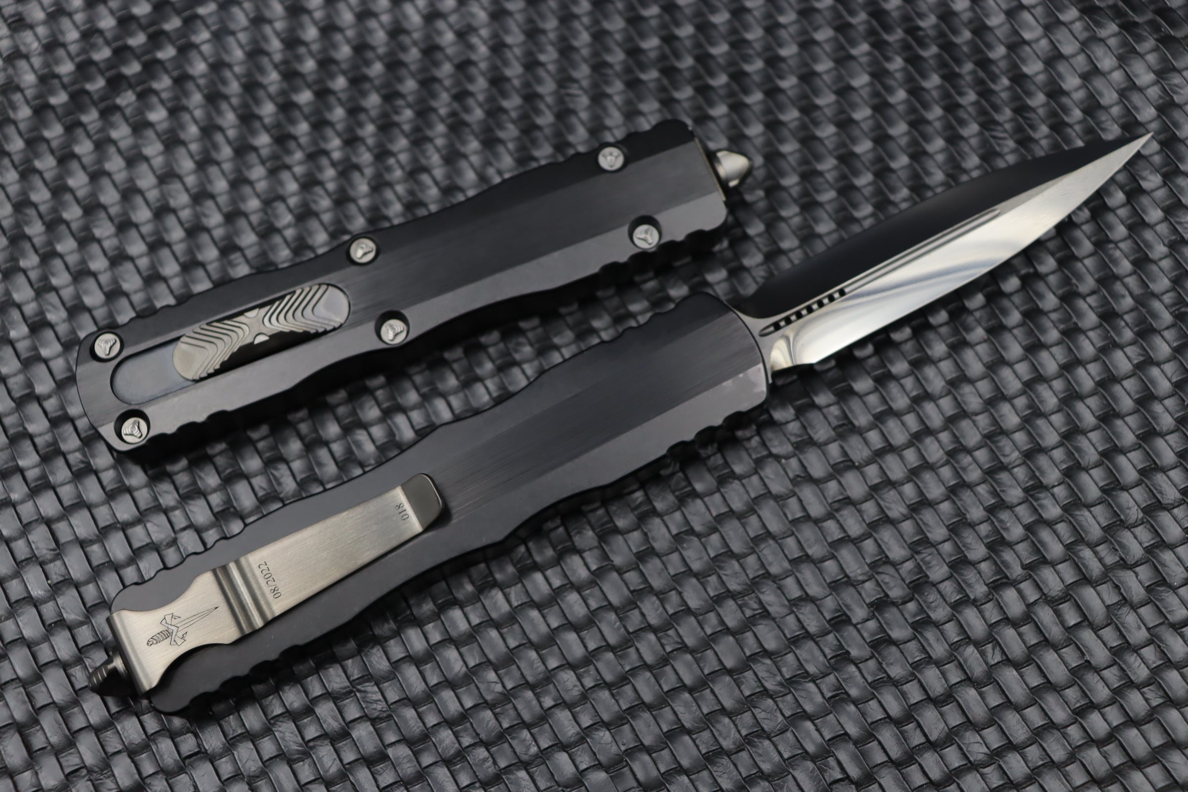 Marfione Custom Knives Dirac Delta D/E DLC Diamond Wash Finish w/ Hefted Black Handle & DLC Ringed Hardware