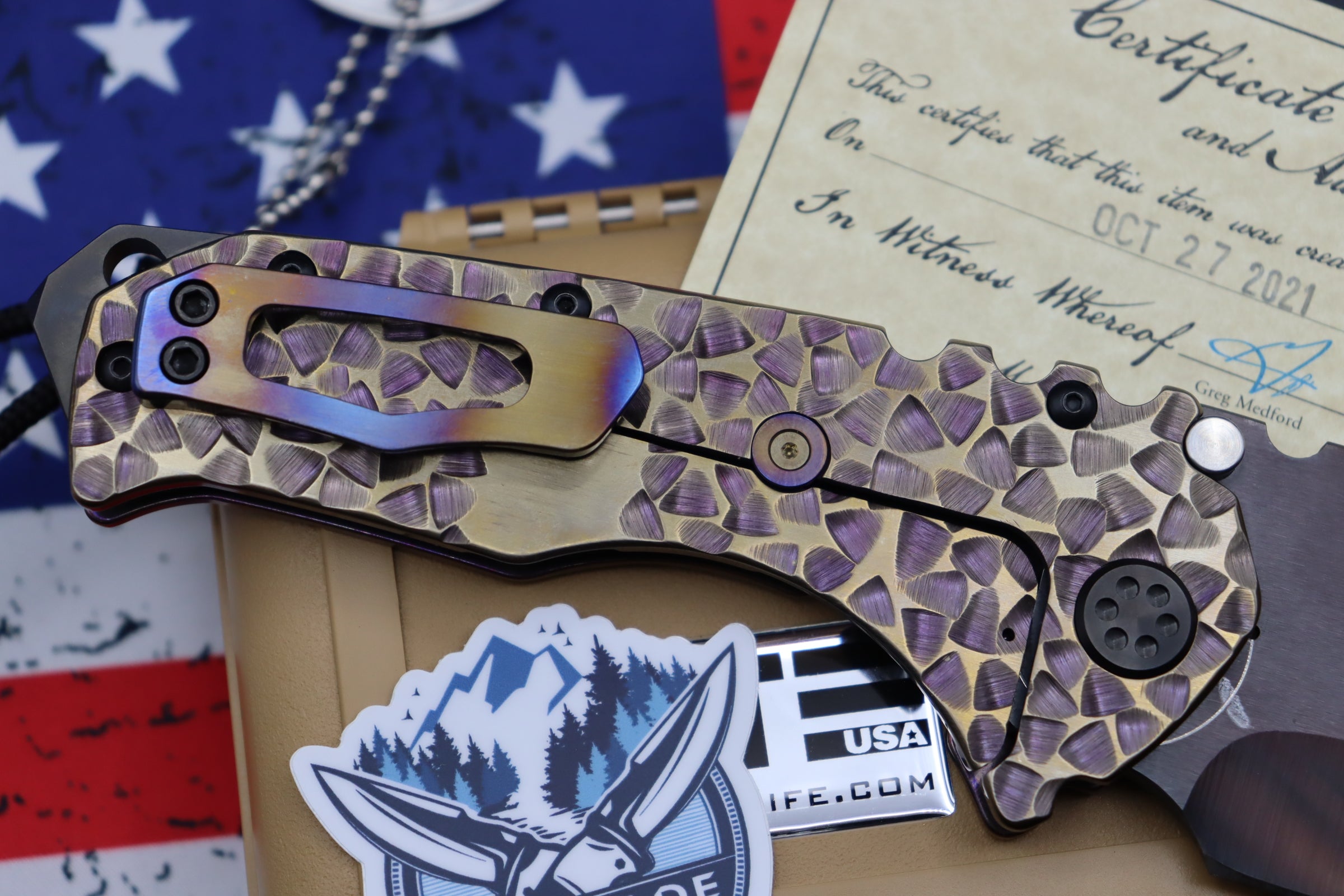 Medford Knife Praetorian T Peaks & Valleys Violet-Bronze Fade & Flamed Hardware with S35 Vulcan Tanto 106-186