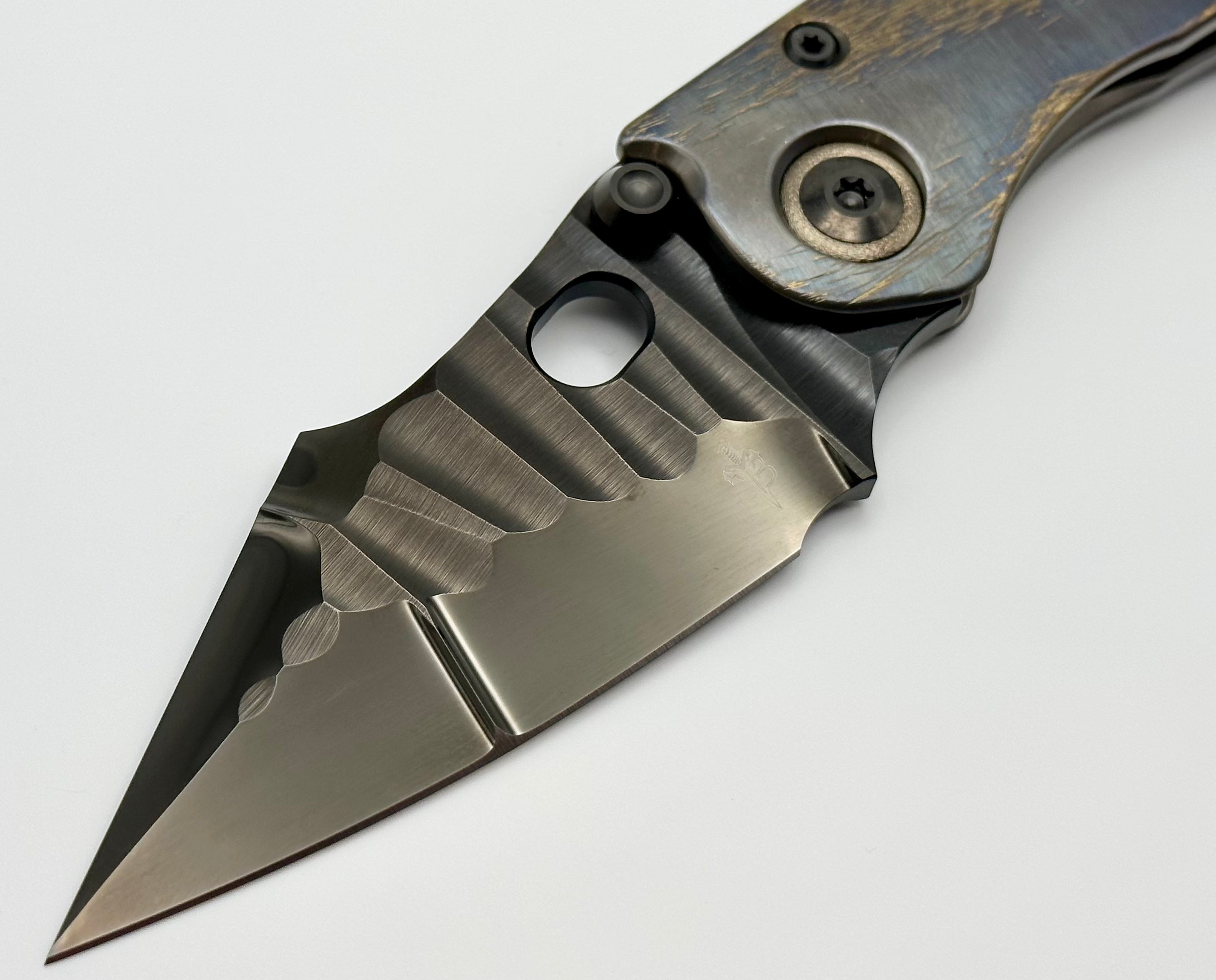 Marfione Custom Knives & Borka Blades Stitch w/ DLC Diamond Wash Rocked Double Star Grind M390 & Cosmic Titanium