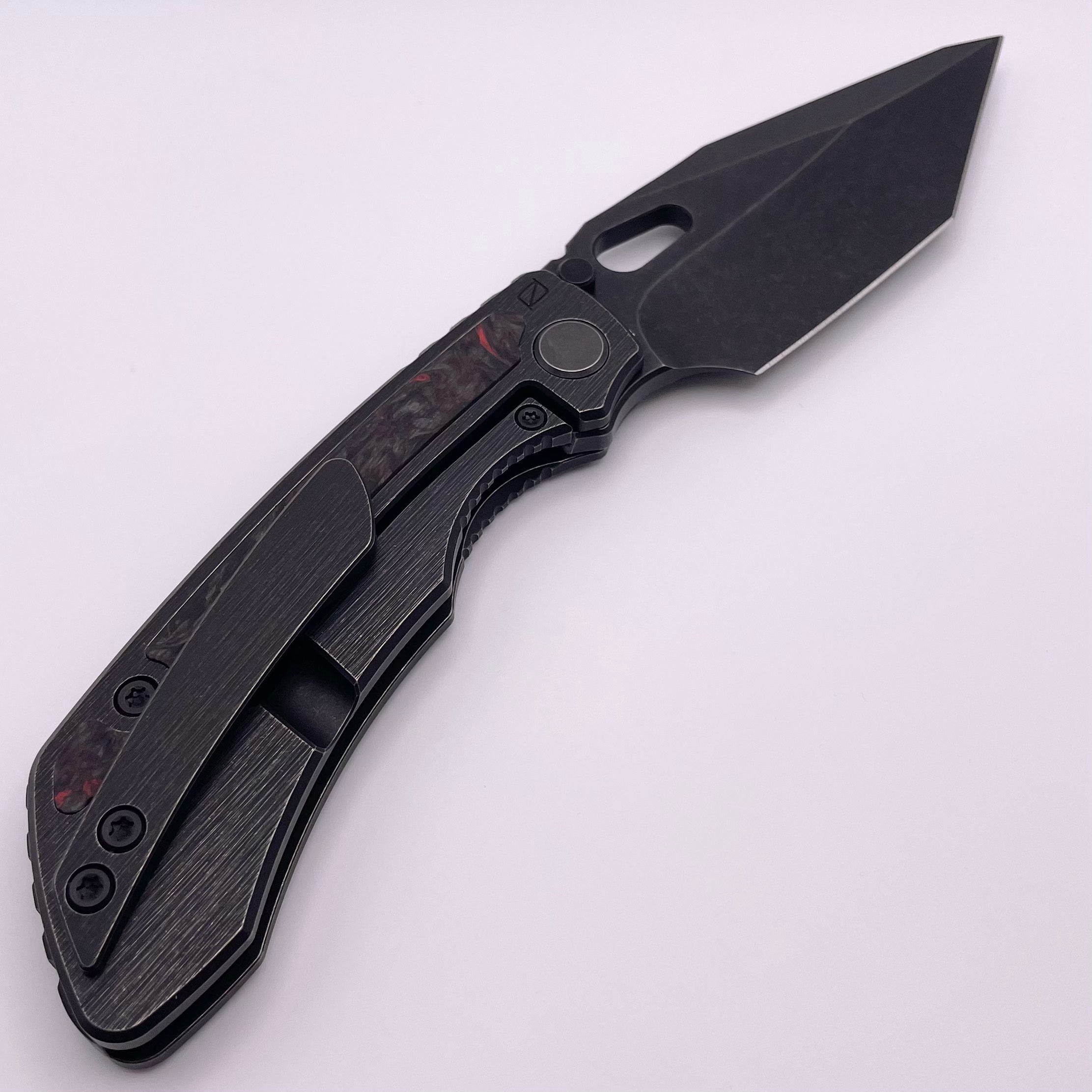 PRE OWNED Custom Knife Factory Rotten Design Evo T Carbon Fiber Inlaid Blackwash Handles w/ Blackwash S90V