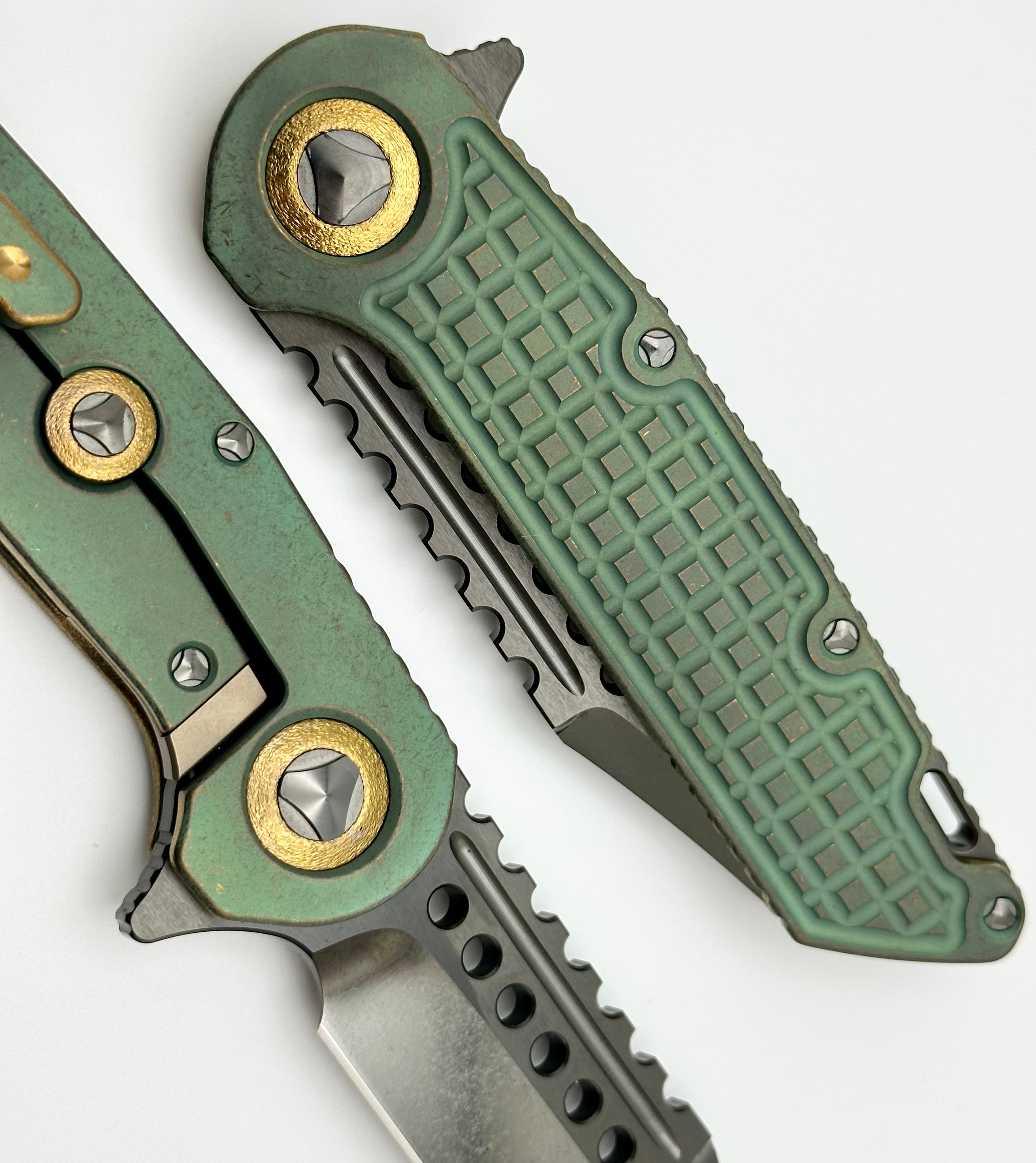 Marfione Custom Knives Warhound DLC Two Tone Stonewash & Antique Green Frag Titanium Handles w/ DLC Titanium Hardware