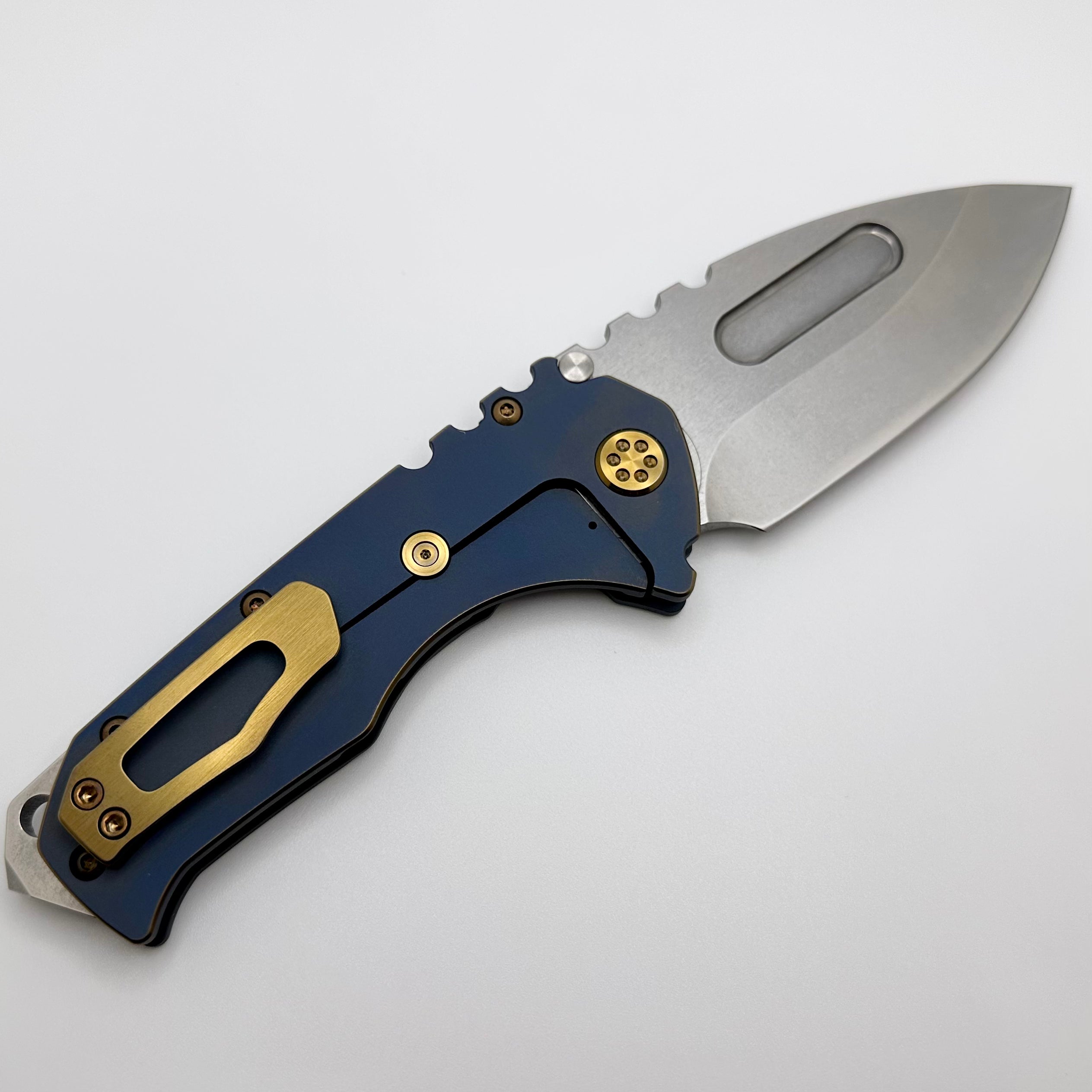 Medford Knife Praetorian T Drop Point Tumbled S45 & Bead Blast w/ Bronze Pinstripe Handles w/ Bronze Hardware/Clip