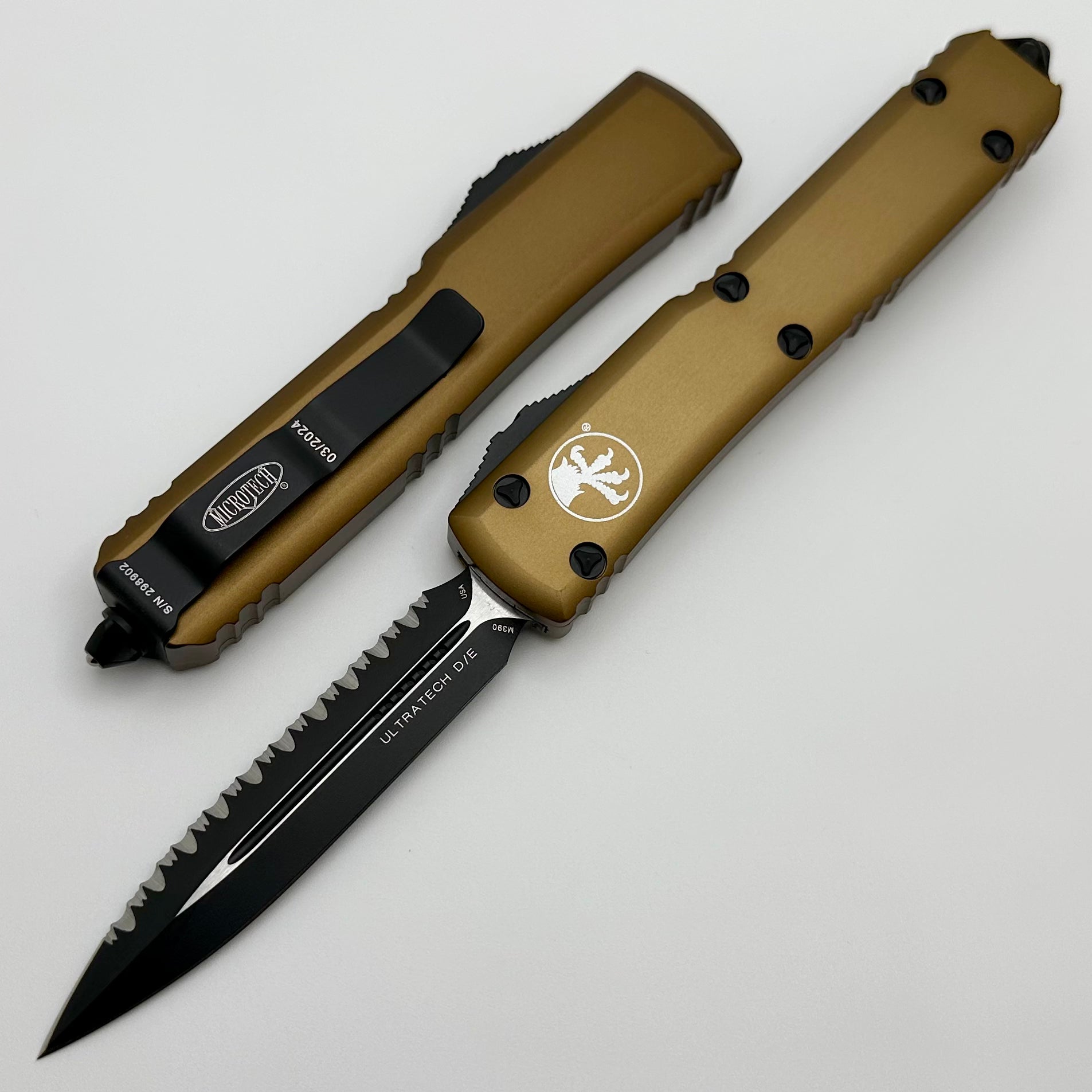 Microtech Ultratech Double Edge D/E Black Full Serrated & Tan 122-3TA