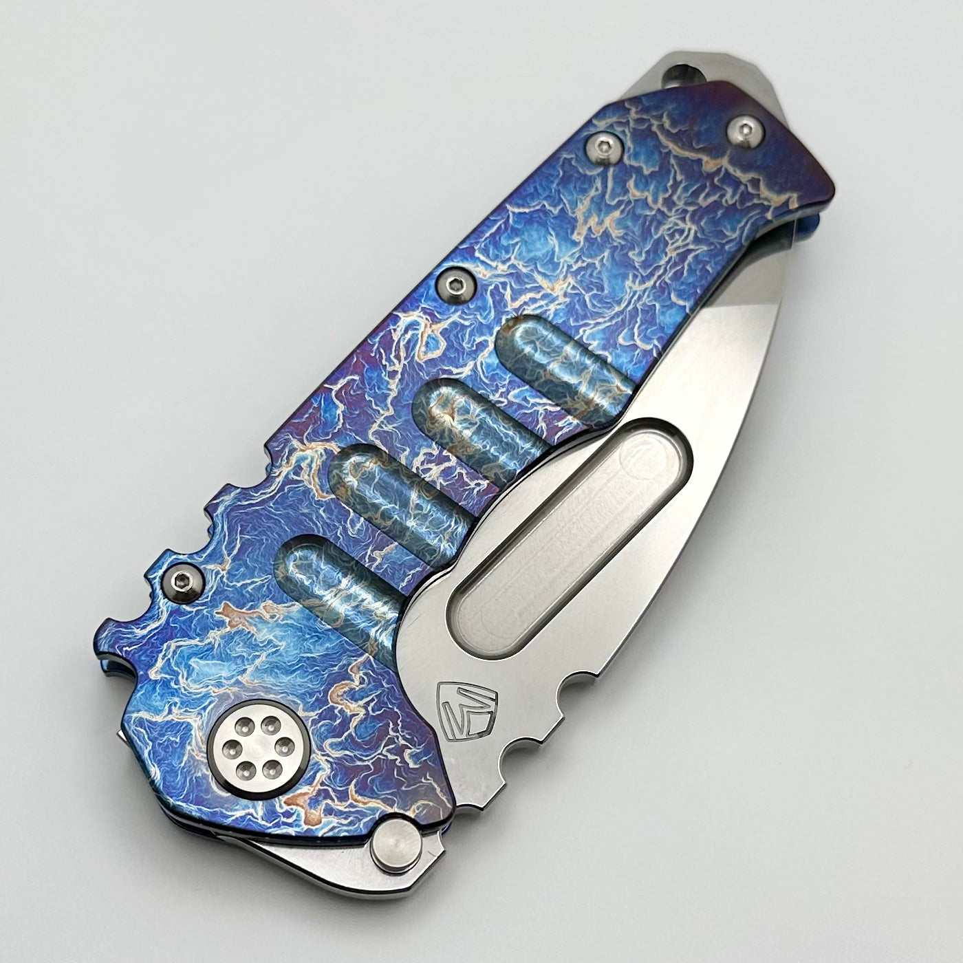 Medford Knife Praetorian T Flamed & Blue w/ 20CV Polished Tanto