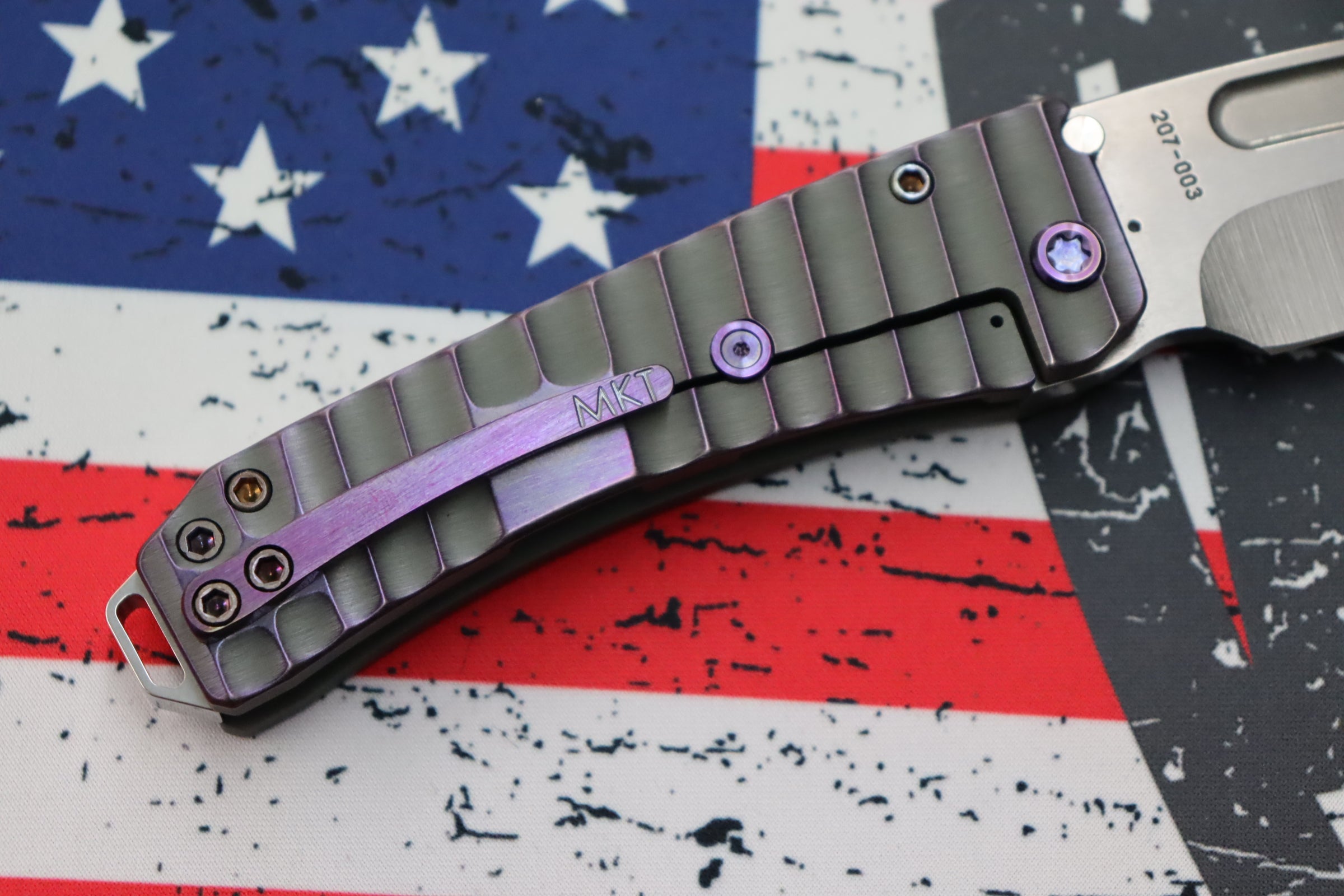 Medford Midi Marauder Tumbled S35 Tanto & Bead Blast Cement w/ Violet Mini Gator Belly Sculpted Handles w/ Violet Hardware/Clip