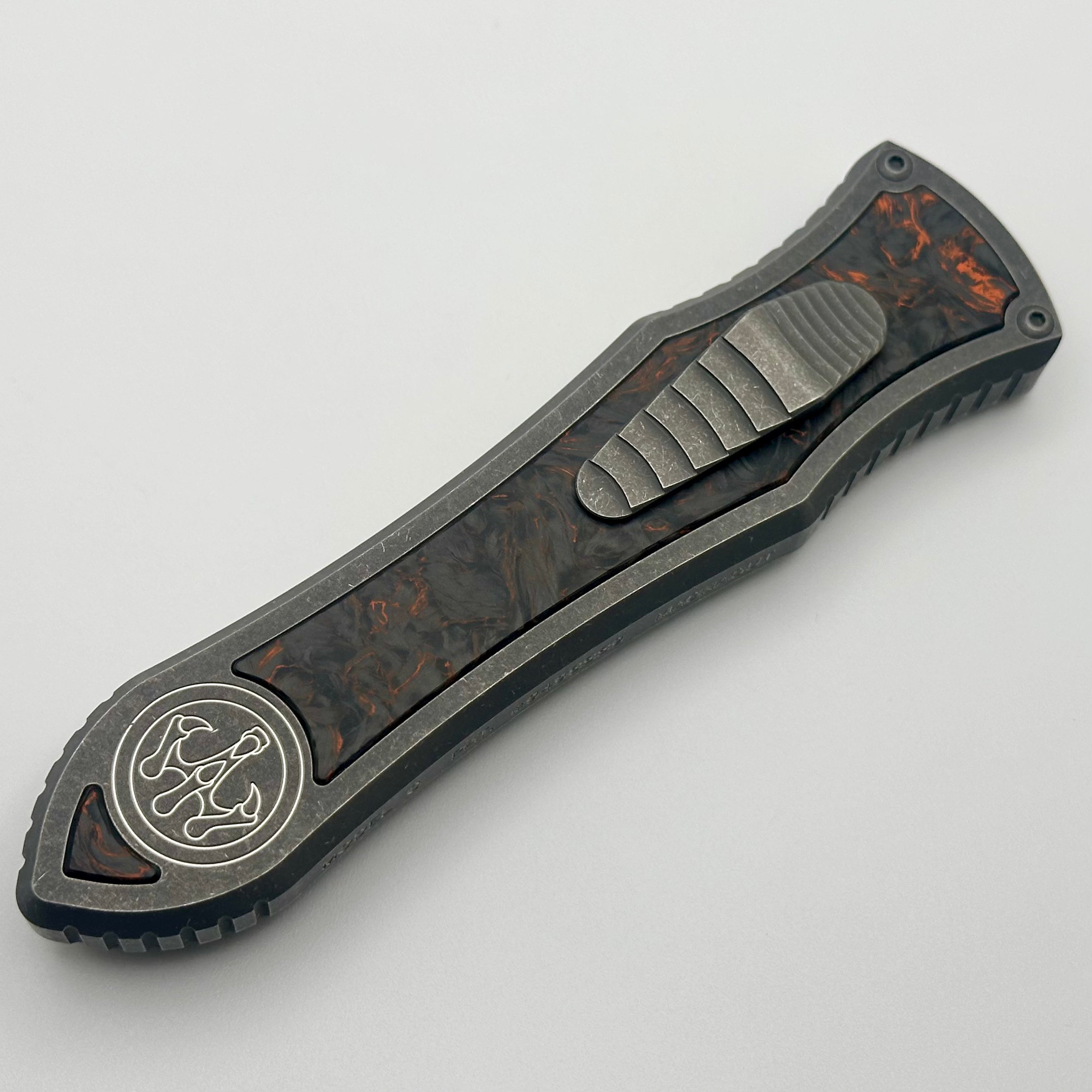 Hawk Designs Model C Deadlock Titanium w/ Orange Carbon Fiber & Stonewash MagnaCut Blade