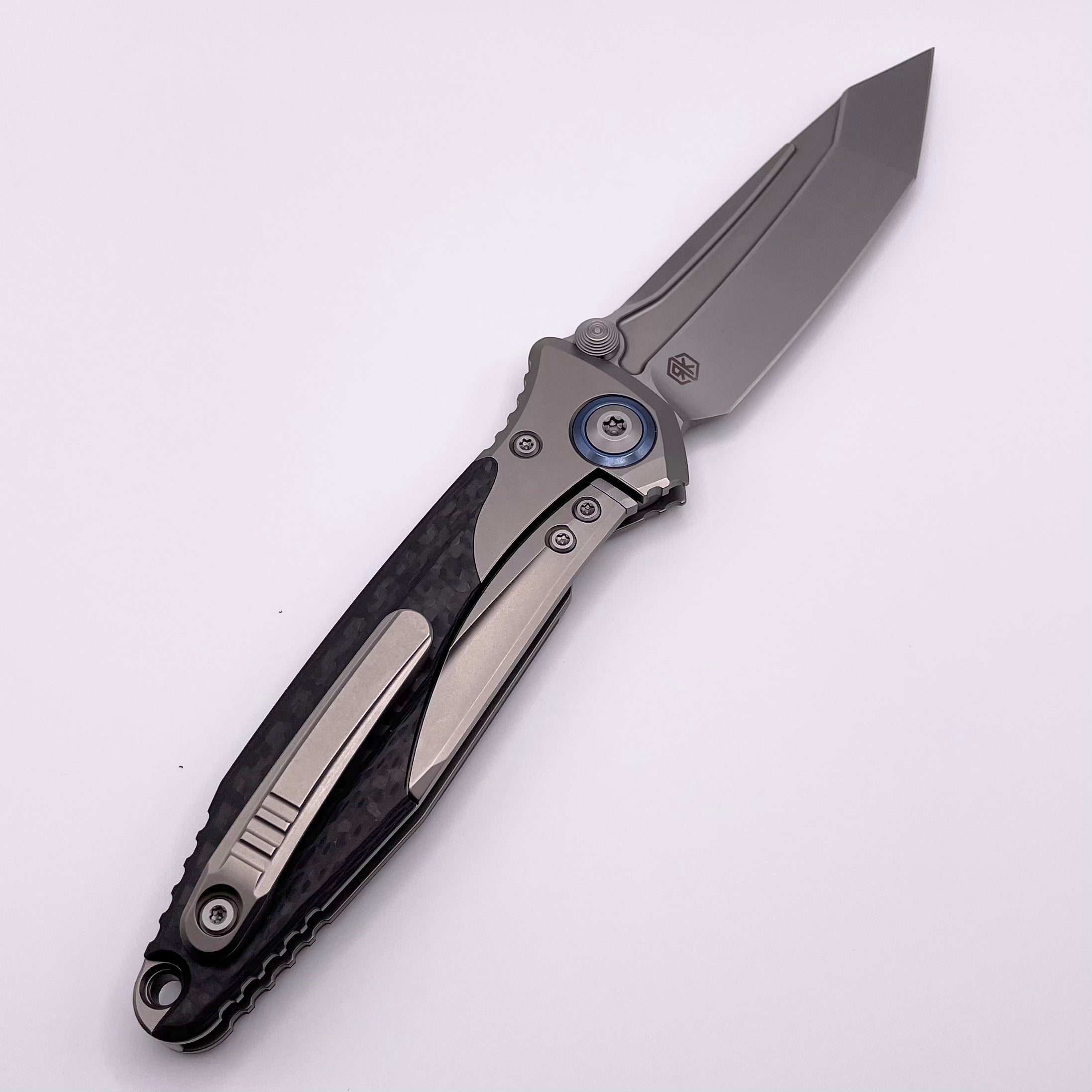 Microtech Knives Socom Bravo Mini Tanto Bead Blast Standard w/ Blue Ti Pivot Collars & Carbon Fiber Scales 261M-7CFTI Pre Owned