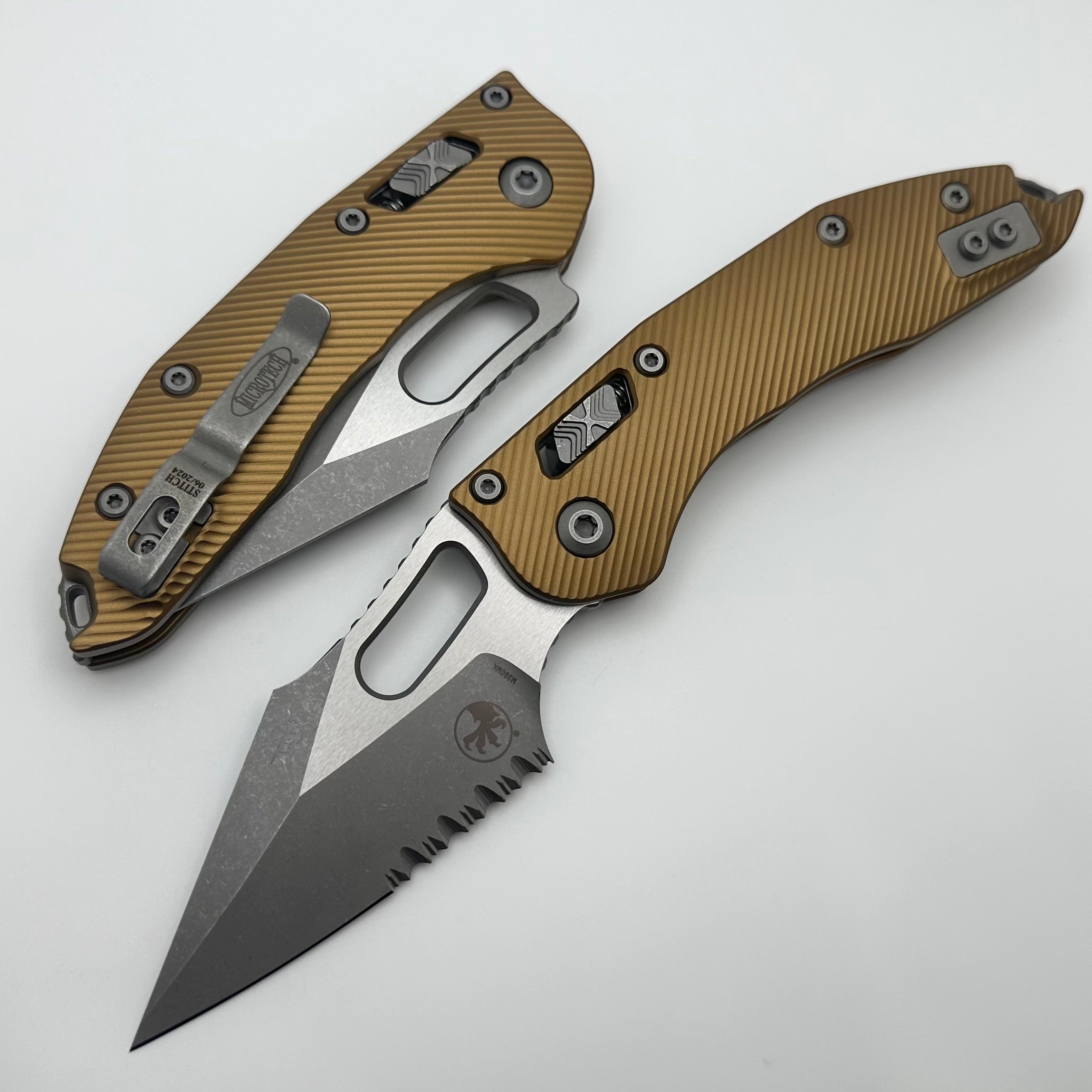 Microtech Knives Manual Stitch RAM LOK Fluted Tan Aluminum & Partial Serrated M390MK Apocalyptic Standard 169RL-11APFLTA