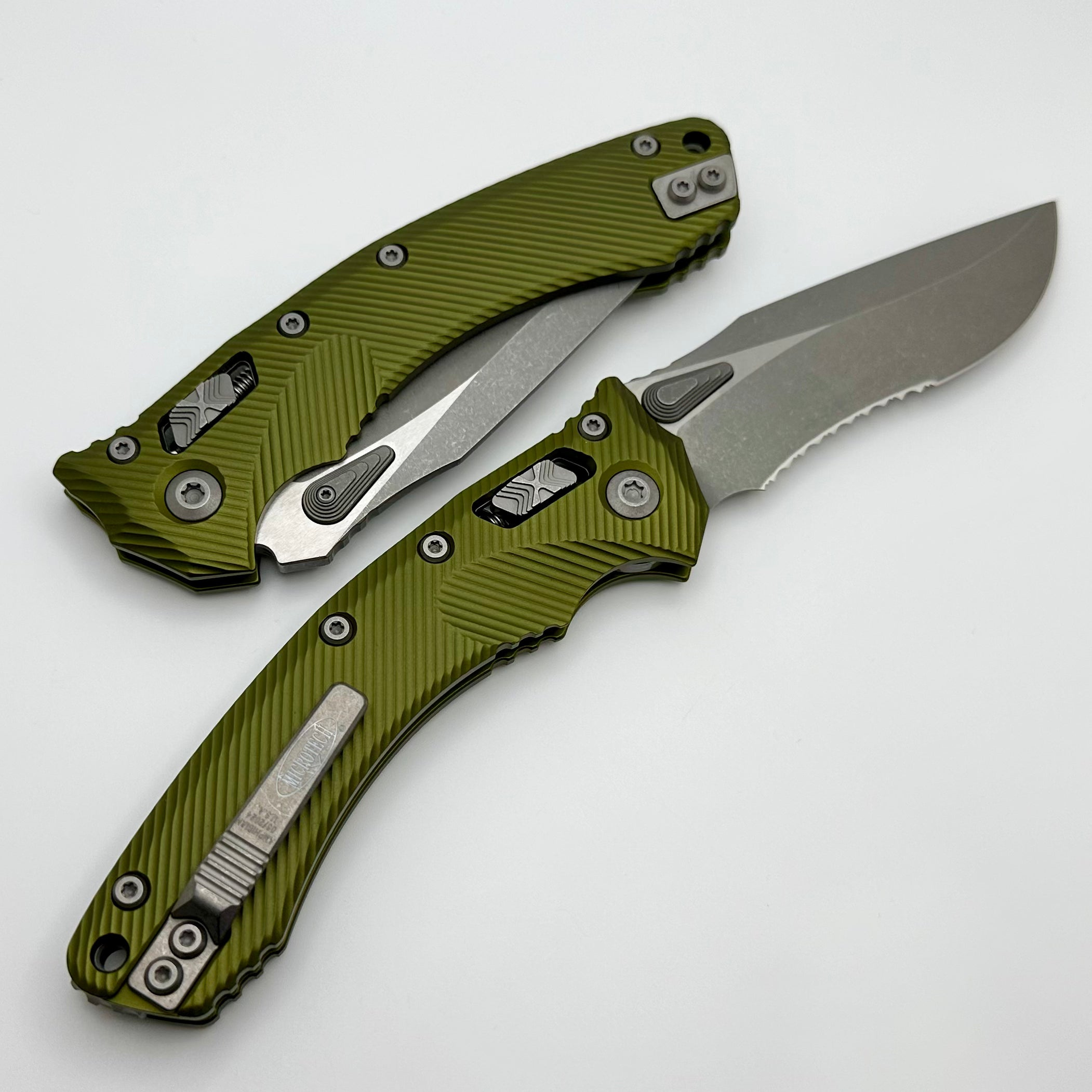 Microtech Amphibian RAM LOK OD Green Fluted Aluminum & Partial Serrated Apocalyptic M390MK 137RL-11APFLOD