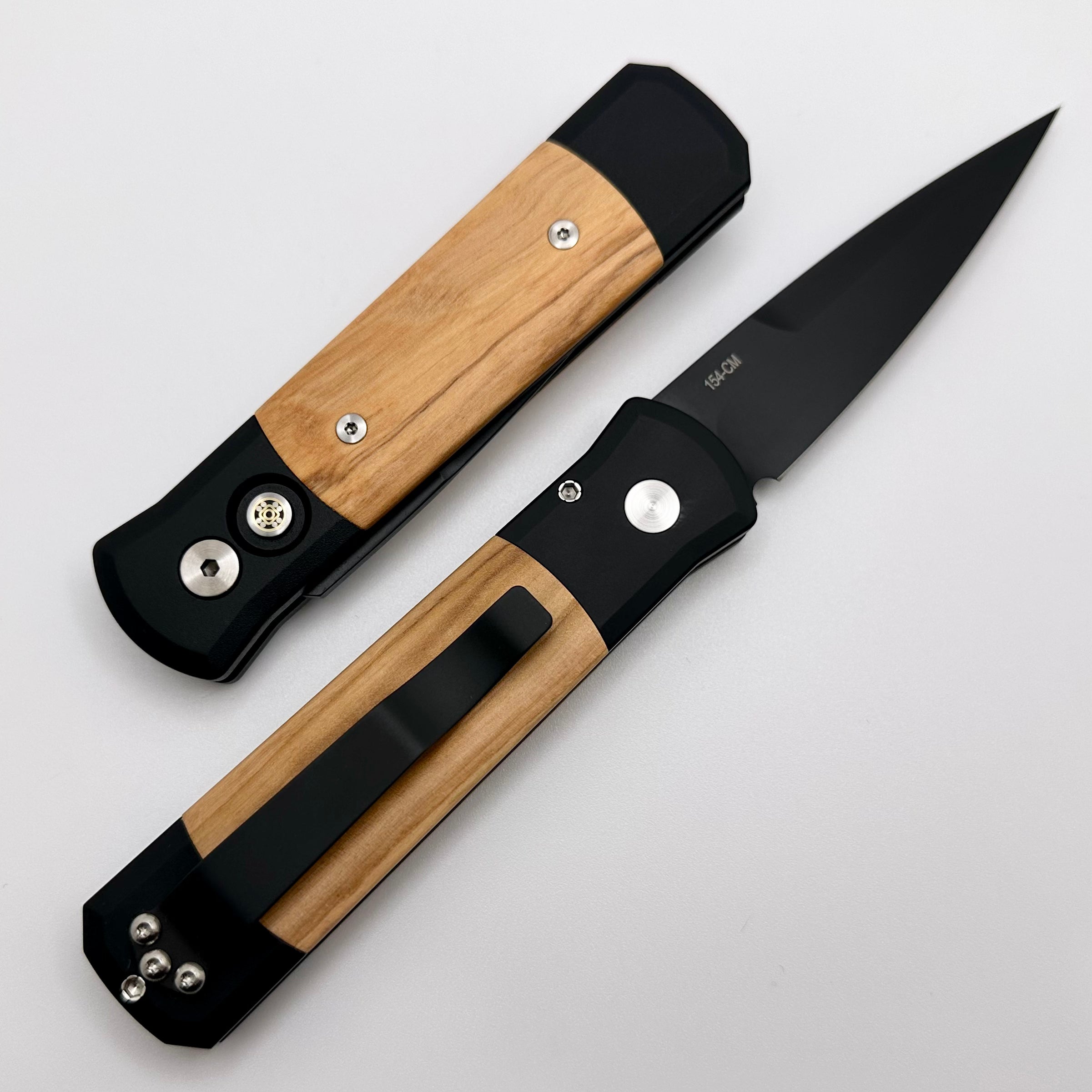 Pro-Tech Godson Olive Wood Inlaid Handles w/ Mosaic Button & Black 154-CM Blade 707-OLIVE