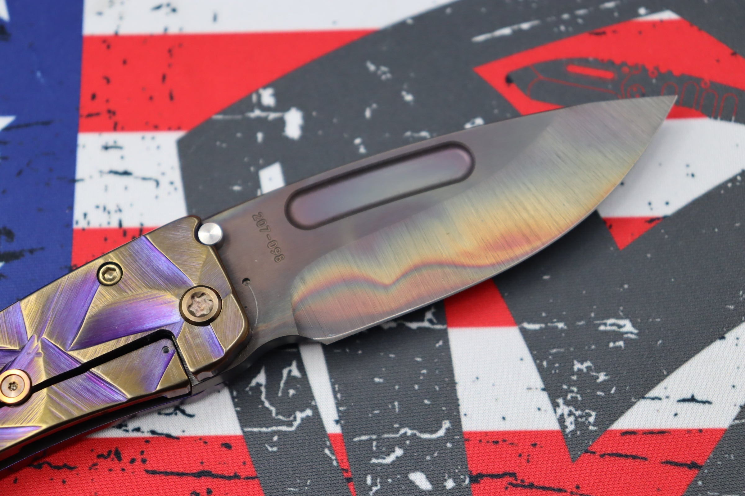 Medford Midi Marauder Vulcan S35 Drop Point & Violet w/ Bronze Stained Glass Sculpted Handles w/ Bronze Hardware/Clip