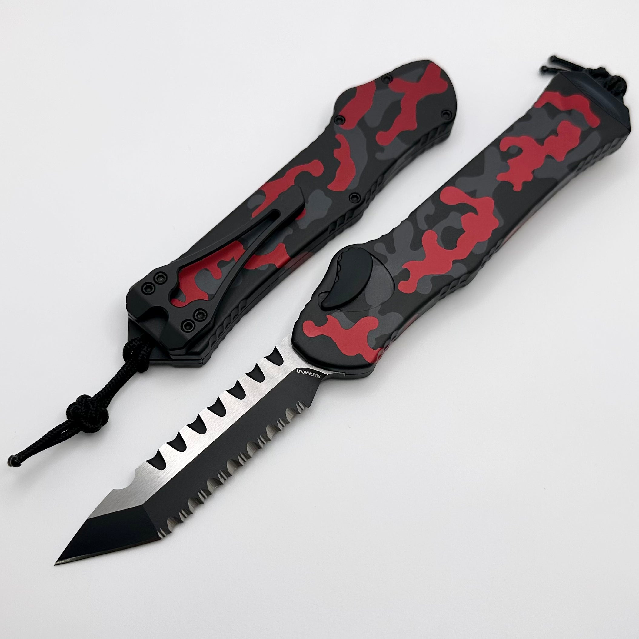 Heretic Hydra V3 Red Camo Aluminum Handle & Two Tone Cerakote Tanto Full Serrated MagnaCut H006-10C-RCAMO