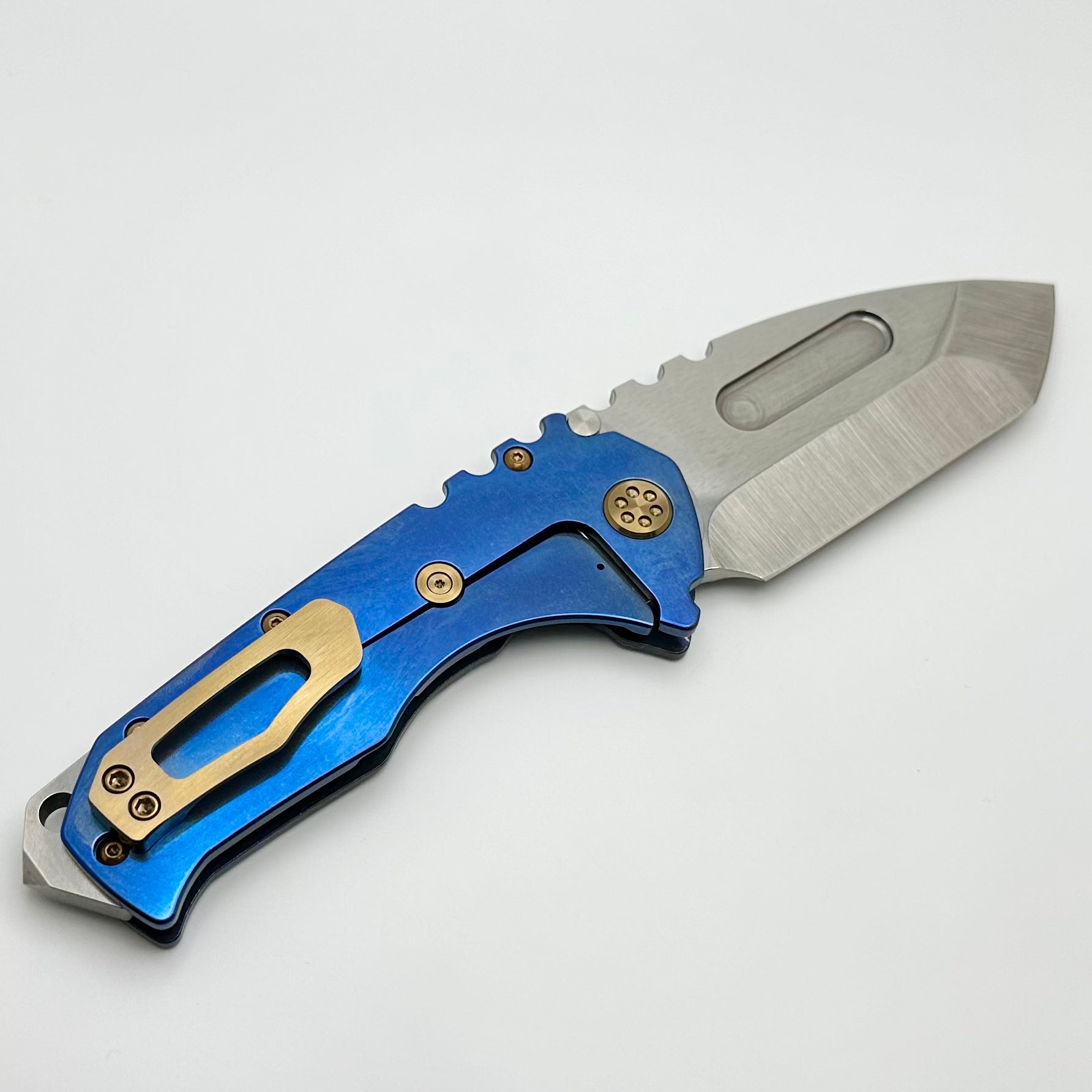 Medford Knife Praetorian T Tumbled S45 Tanto & Acid Etch Flamed/Blue Handles w/ Bronze Hardware/Clip