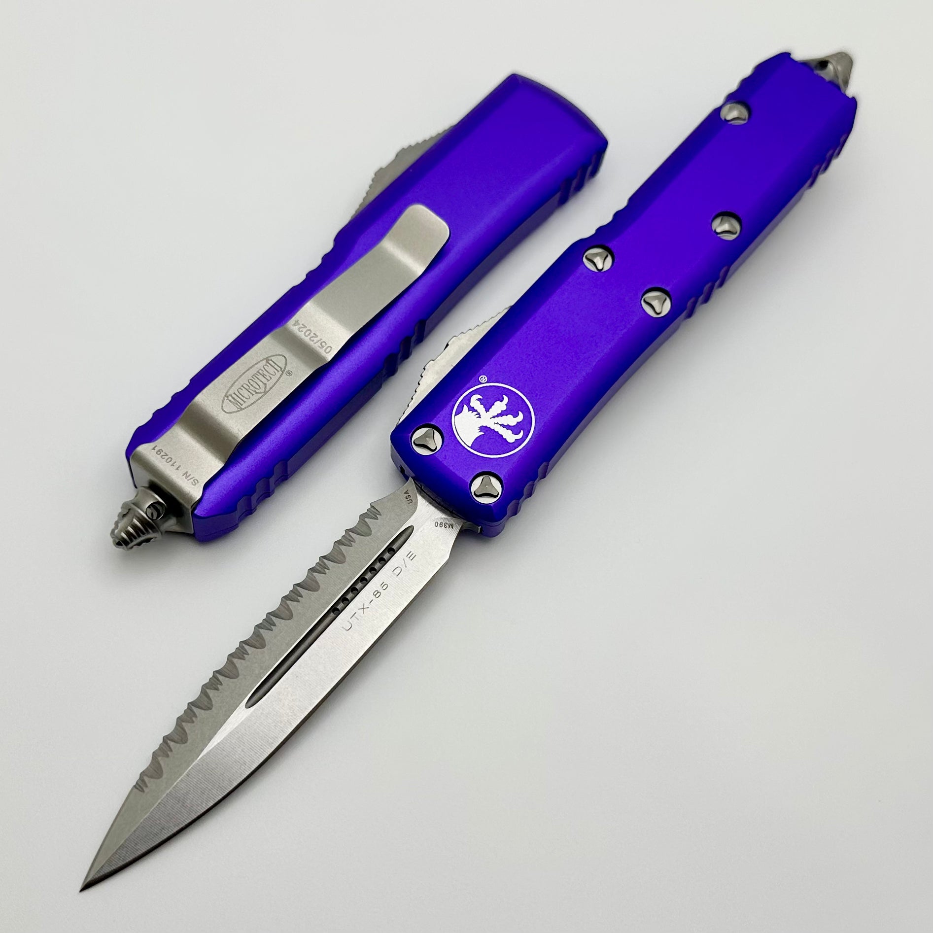 Microtech UTX-85 Double Edge Stonewash Full Serrated & Purple 232-12PU