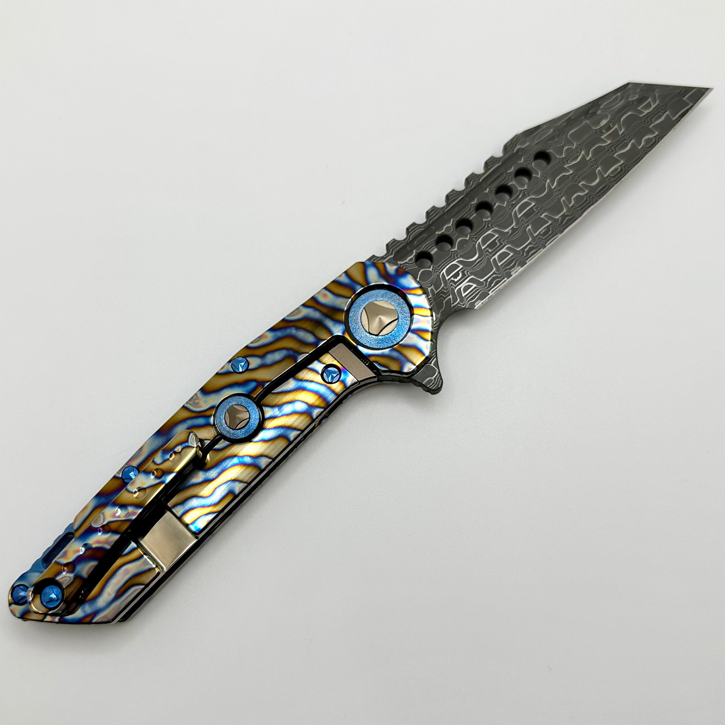 Marfione Custom Knives Warhound Flamed Polished Titanium w/ Blue Ti Hardware & Vegas Forge Stainless Reptilian Damascus Pattern