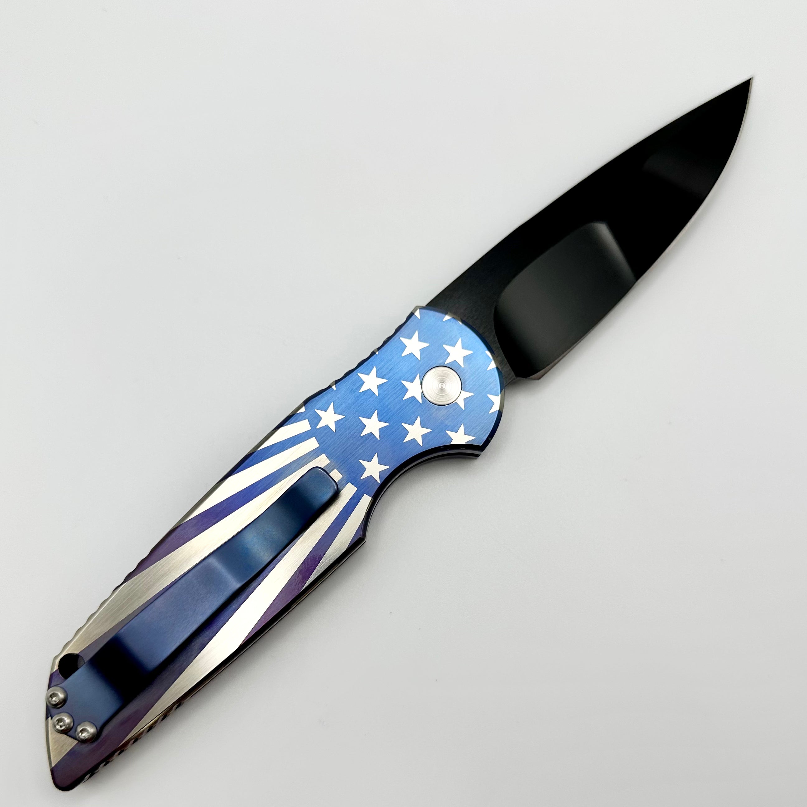 Pro-Tech TR-3 Patriotic Theme Titanium w/ Pearl Button & DLC Compound Grind Mike Irie Blade TR-3.007 Custom