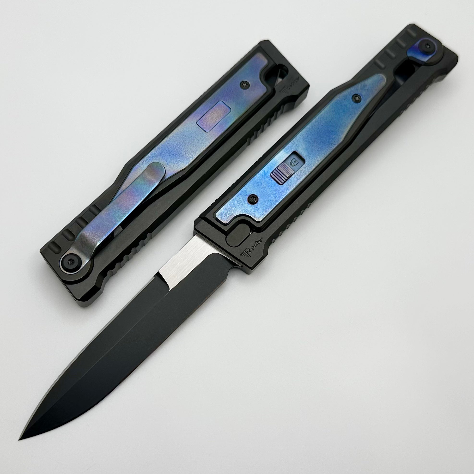 Reate EXO Exoskeleton Design V2 Flamed Titanium & Two Tone Black PVD Double Edge Bayonet w/ Blue Accents