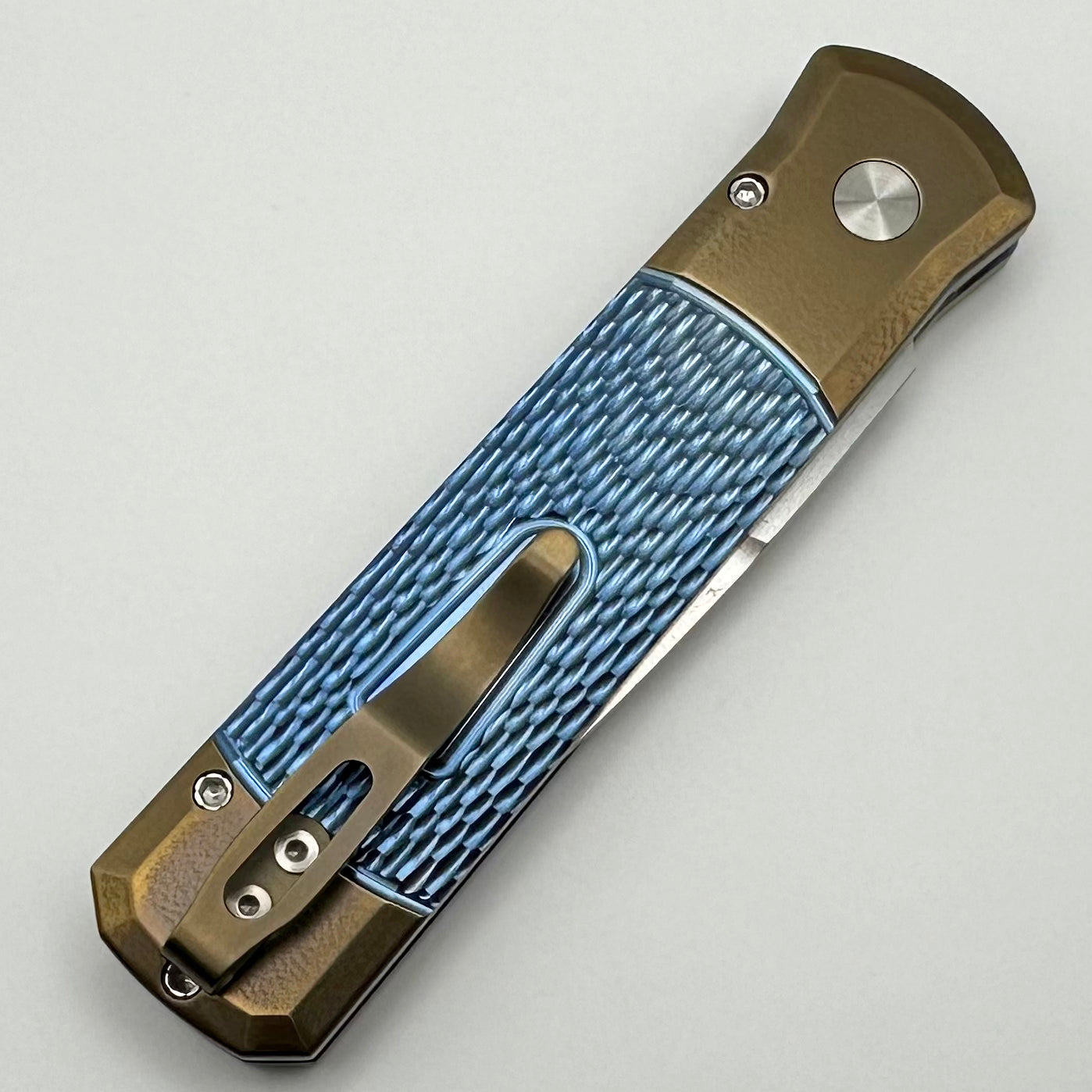 Pro-Tech Godson Bronze Ti Bolsters & Blue Jigged Ti w/ Pearl Button & Satin Blade 2024 Godson Custom.003