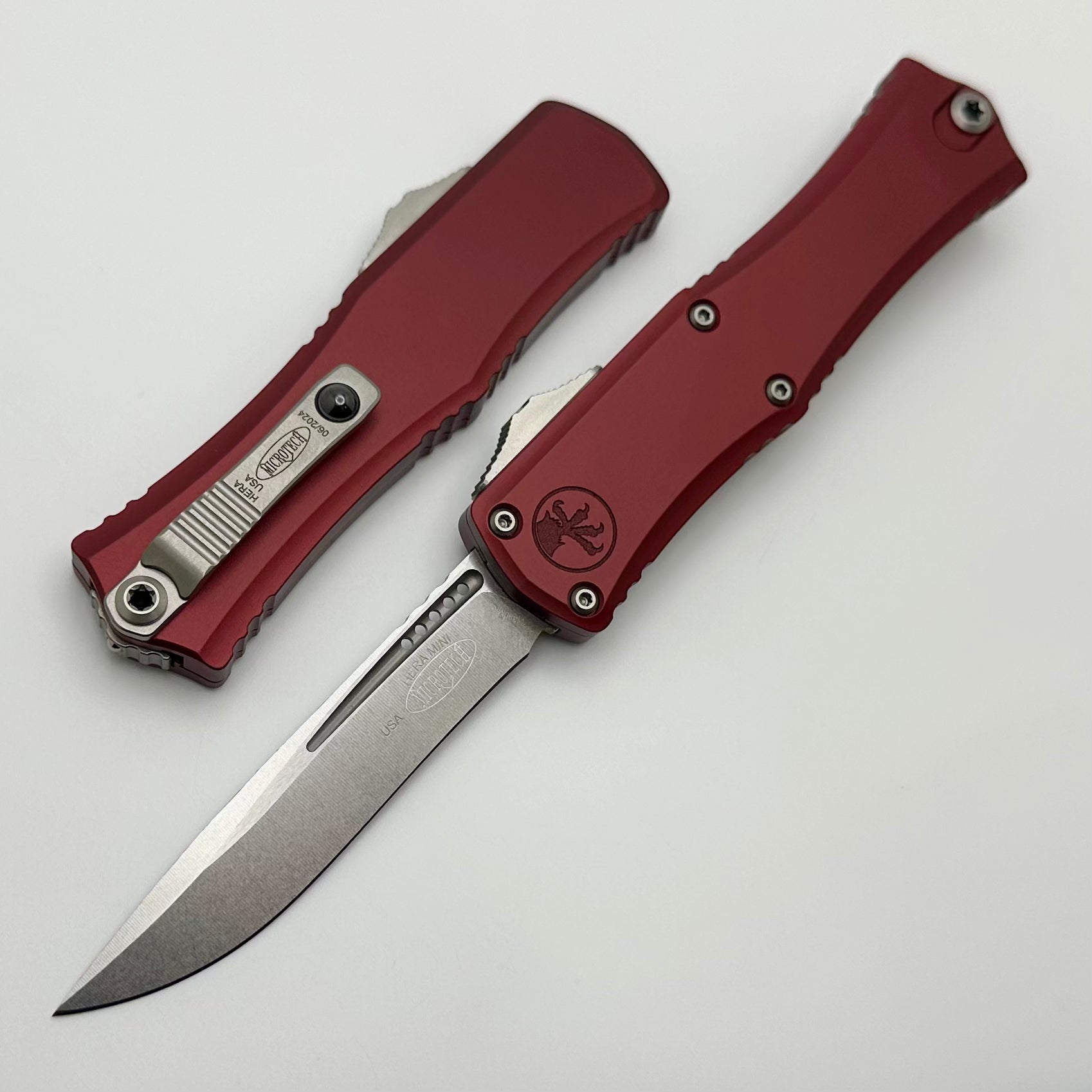 Microtech Knives Mini Hera Stonewash Recurve M390MK w/ Merlot Handle 1705M-10MR