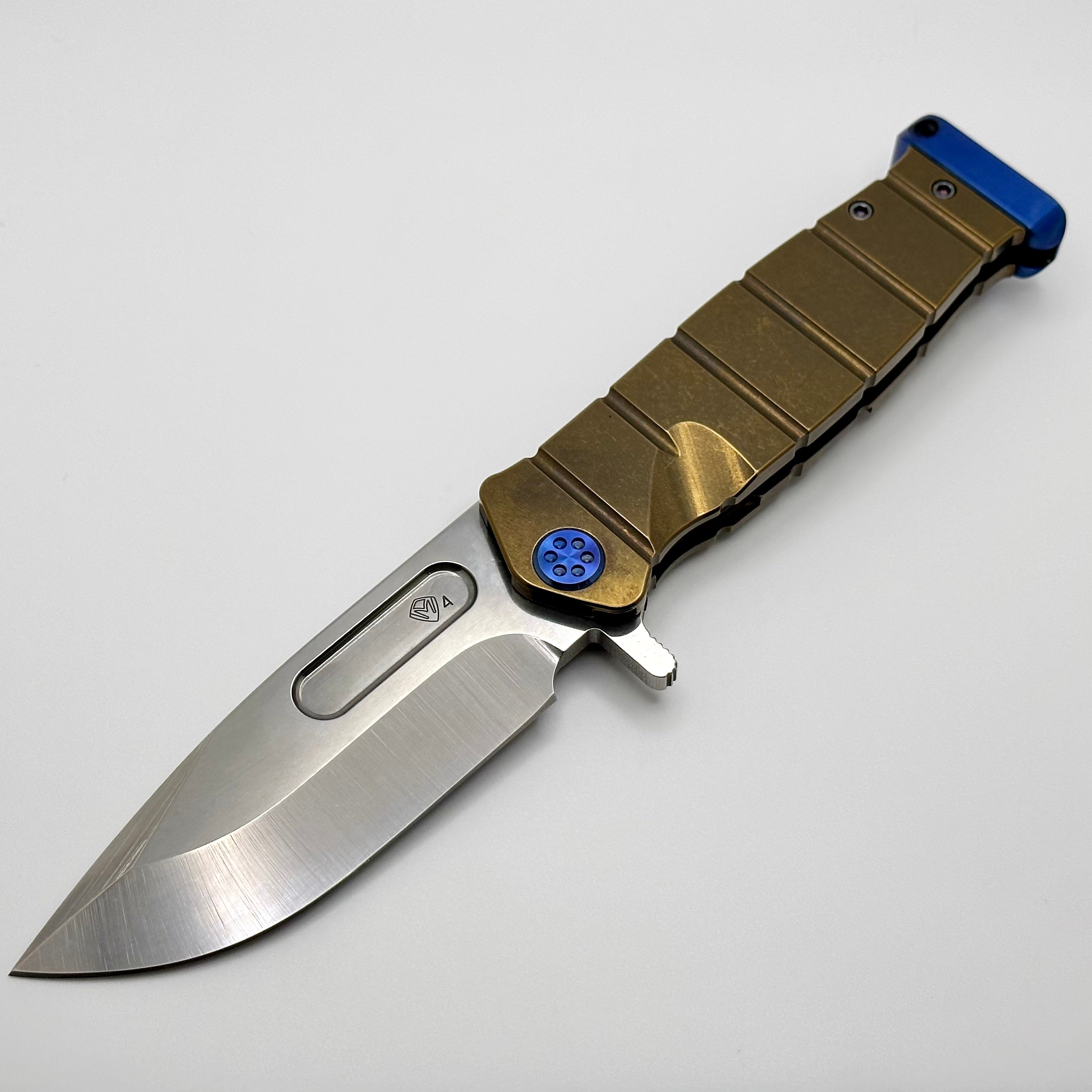 Medford Knife Fighter Flipper USMC Bronze Handles w/ Blue Hardware/Clip/Pommel & Tumbled S45VN