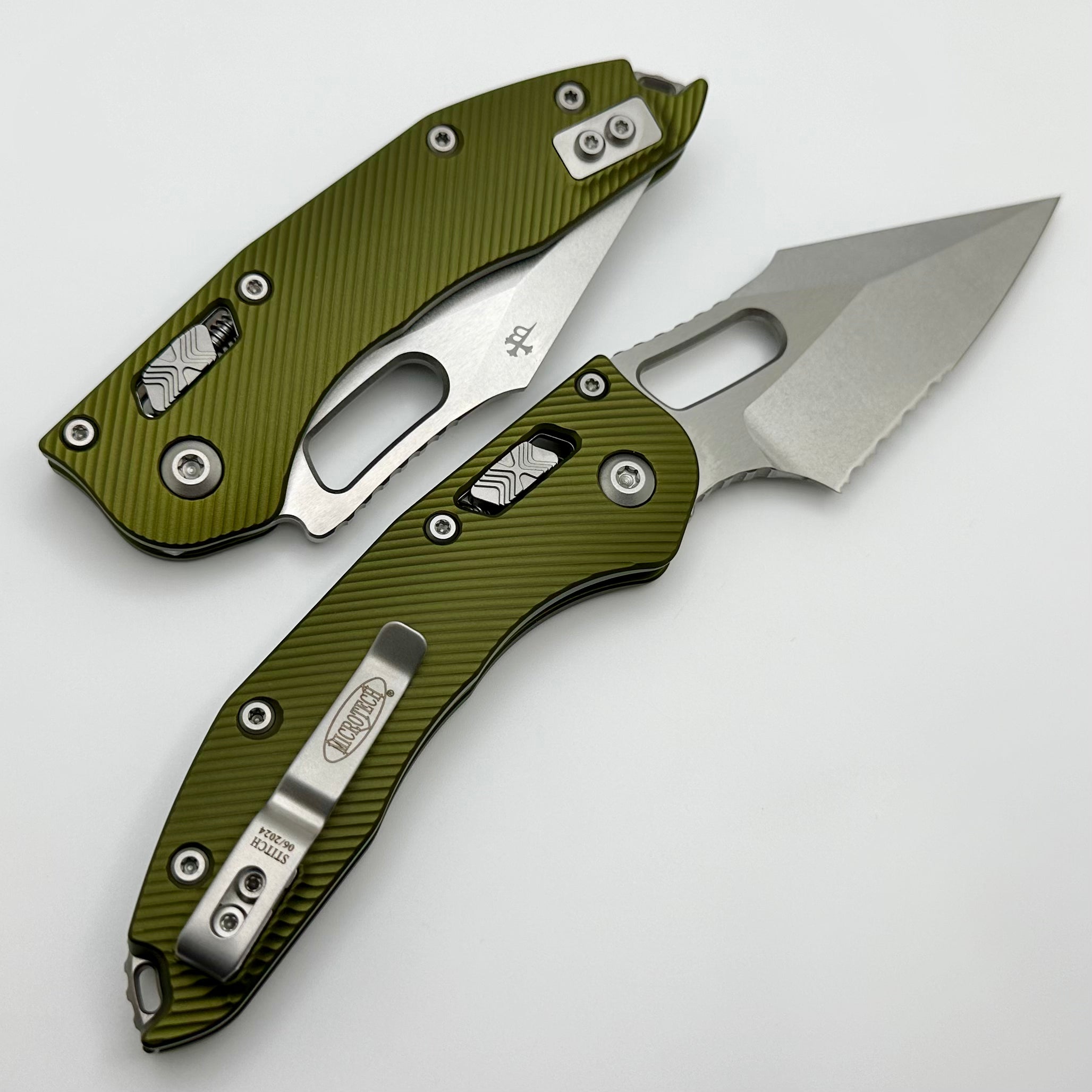 Microtech Knives Manual Stitch RAM LOK Fluted OD Green Aluminum & Partial Serrated M390MK 169RL-11FLOD