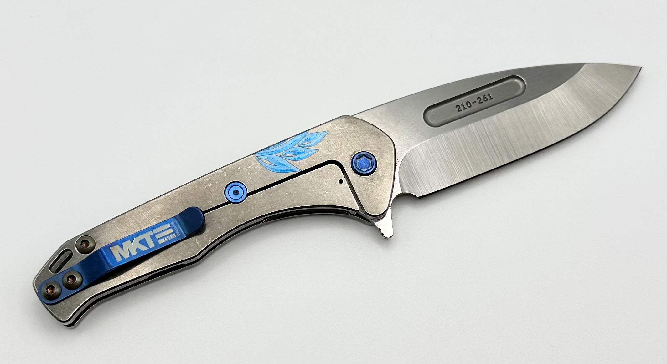 Medford Praetorian Slim Flipper S45VN Tumbled Drop Point & Tumbled Roman Laurel Leaf Handles w/ Blue Hardware/Clip