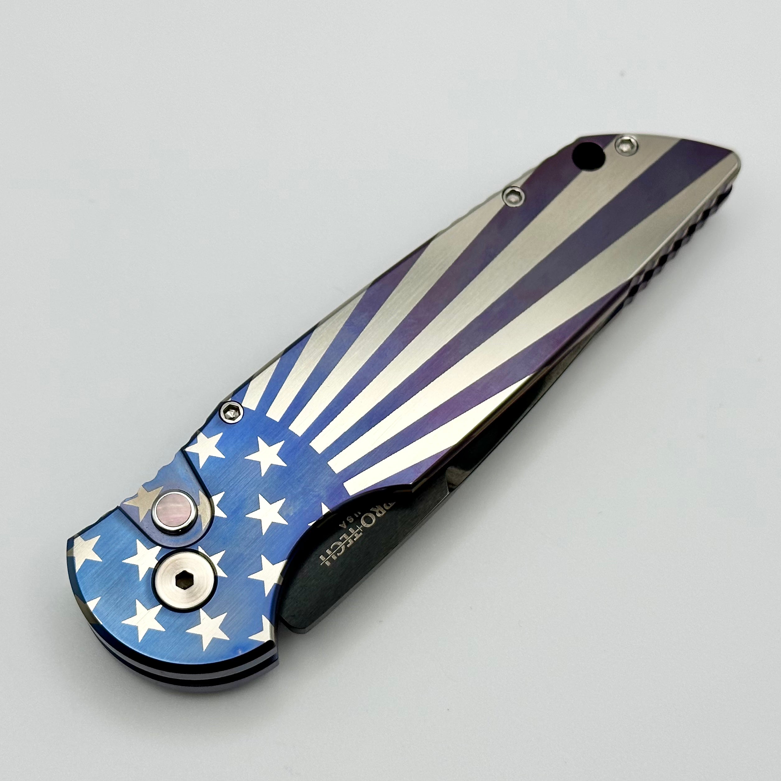 Pro-Tech TR-3 Patriotic Theme Titanium w/ Pearl Button & DLC Compound Grind Mike Irie Blade TR-3.007 Custom