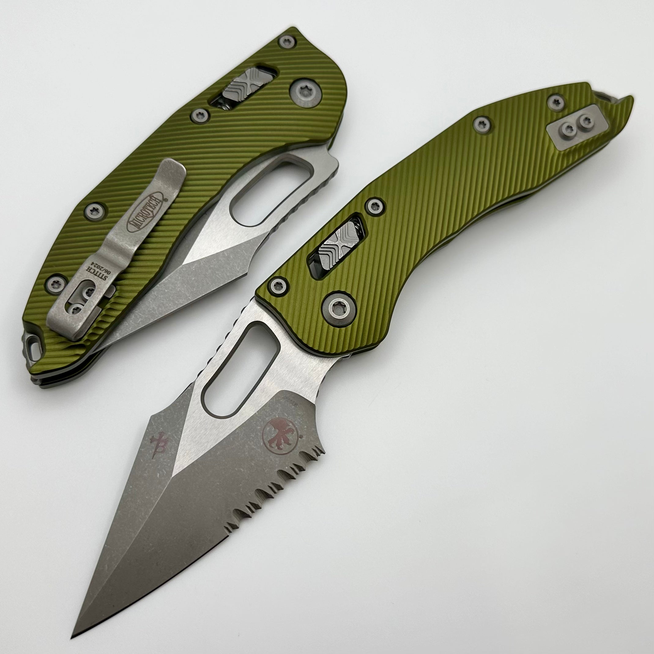 Microtech Knives Manual Stitch RAM LOK Fluted OD Green Aluminum & Partial Serrated M390MK Apocalyptic Standard 169RL-11APFLOD