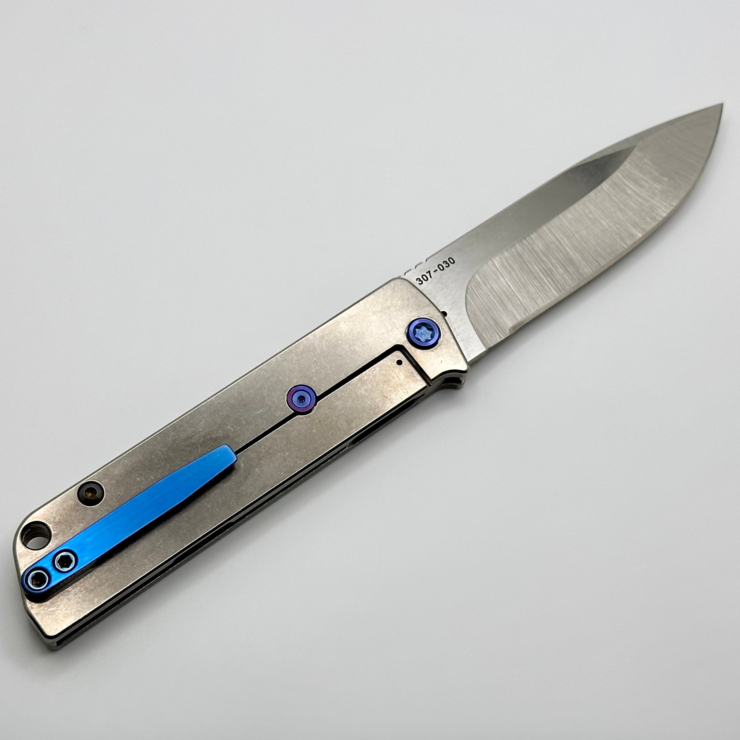 Medford Antik Front Flipper Tumbled S45 DropPoint & Tumbled Titanium Handles w/ Blue Hardware/Clip