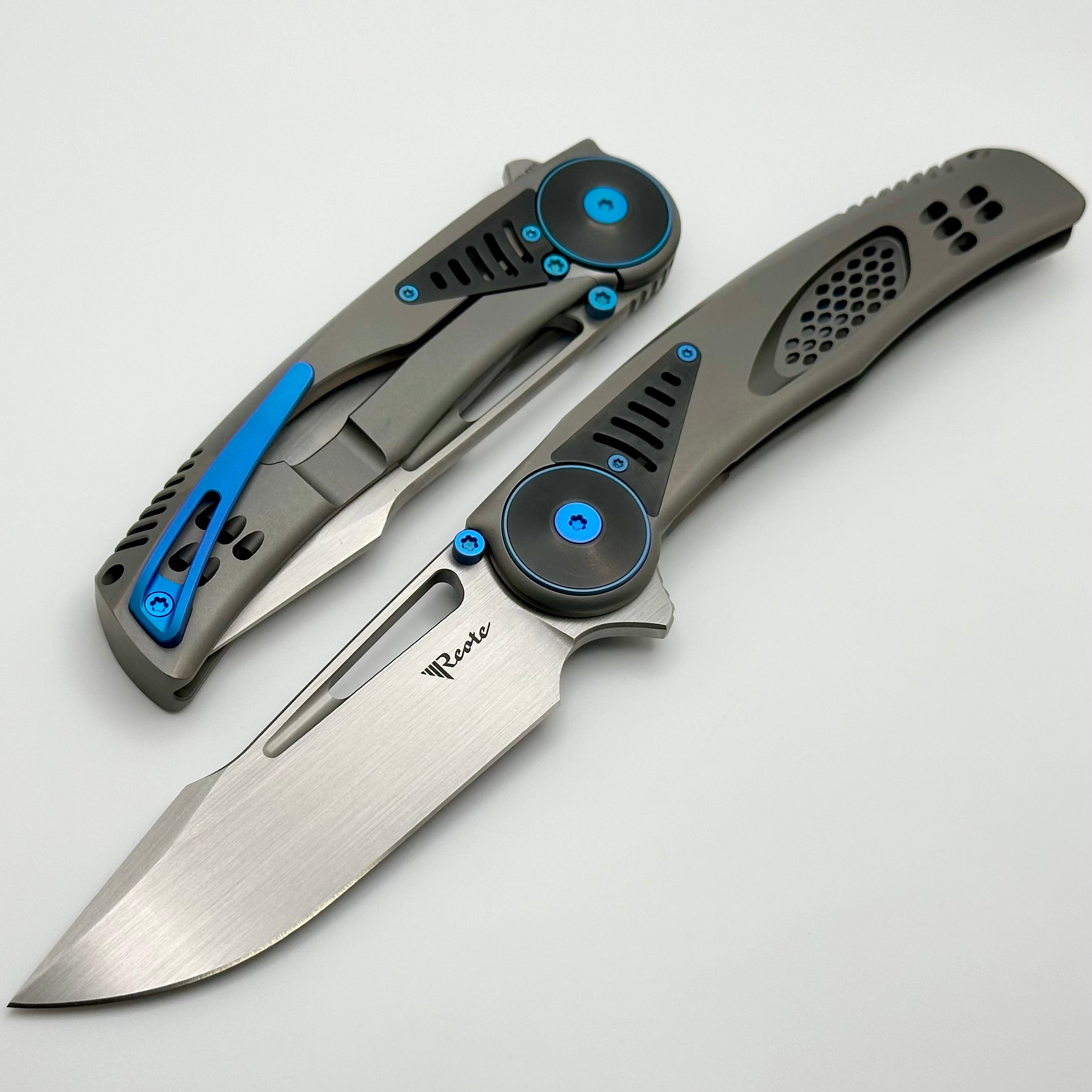 Reate Knives GTR Titanium Integral Bead Blast w/ Zirconium Accents w/ Blue Hardware & Hand Satin M390