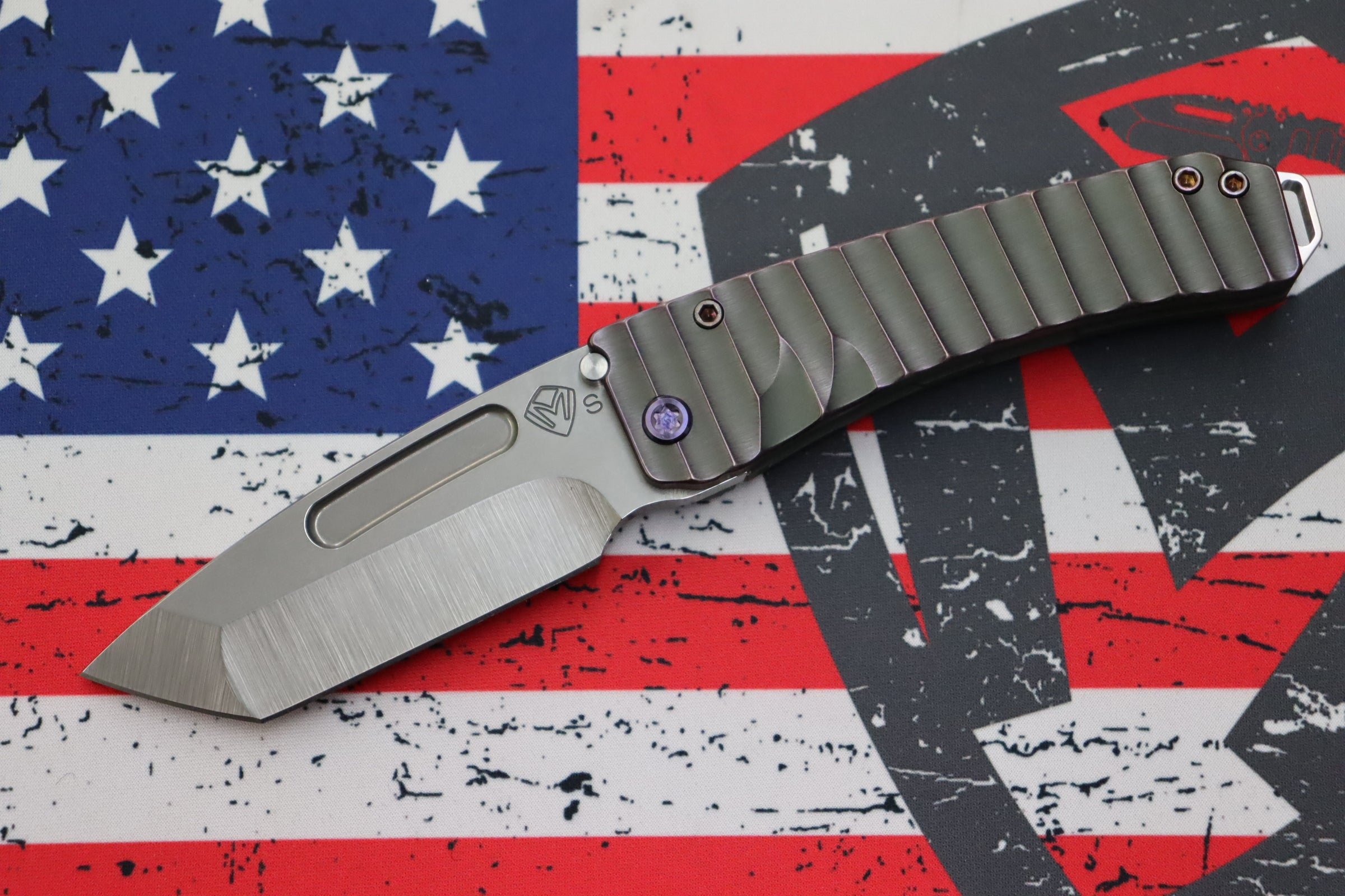 Medford Midi Marauder Tumbled S35 Tanto & Bead Blast Cement w/ Violet Mini Gator Belly Sculpted Handles w/ Violet Hardware/Clip