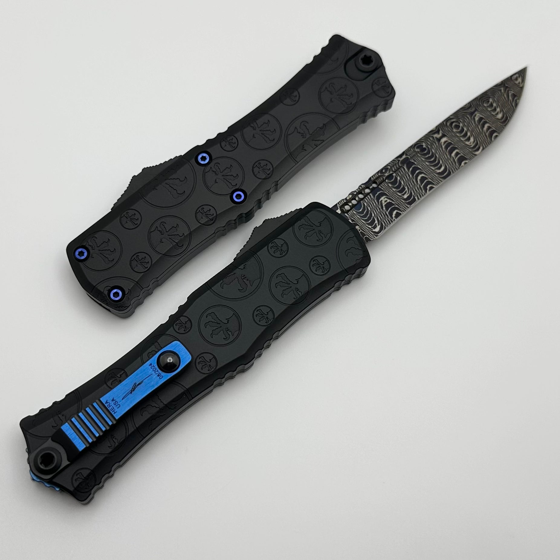 Microtech Knives Hera II Mini Vegas Forge Blued Spirograph Damascus Recurve & Deep Engraved Claw Burst Handle w/ Blue Ti Hardware Signature Series 1705M-16MS1