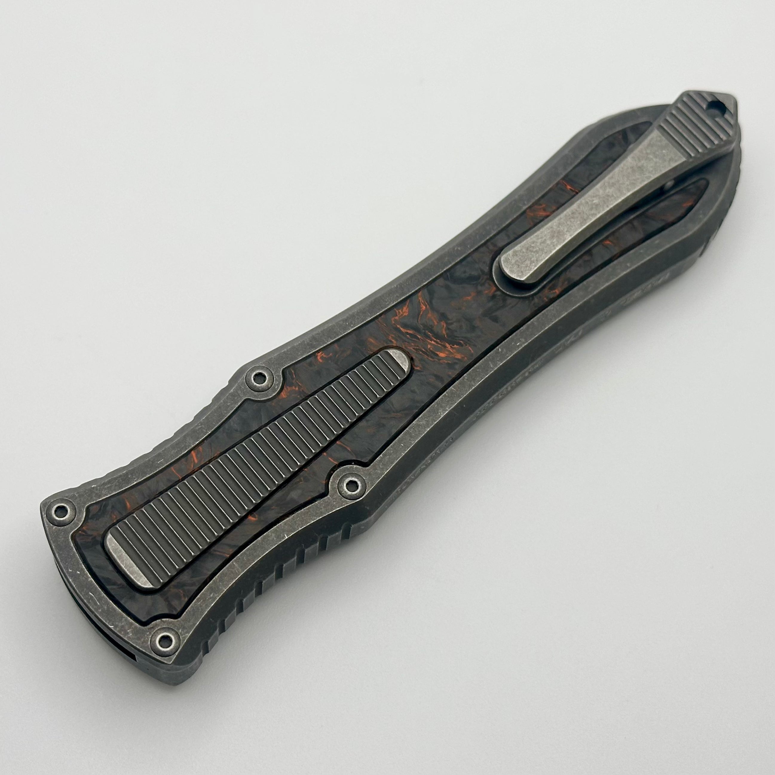 Hawk Designs Model C Deadlock Titanium w/ Orange Carbon Fiber & Stonewash MagnaCut Blade