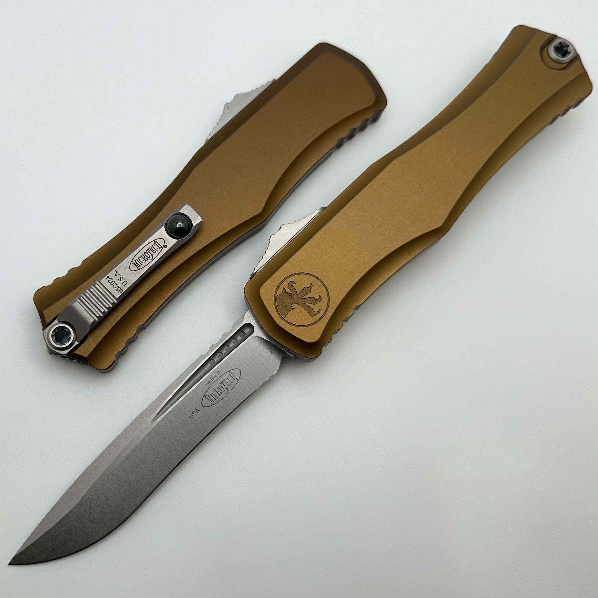 Microtech Knives Hera II Stonewash Recurve w/ Tan Handle 1705-10TA