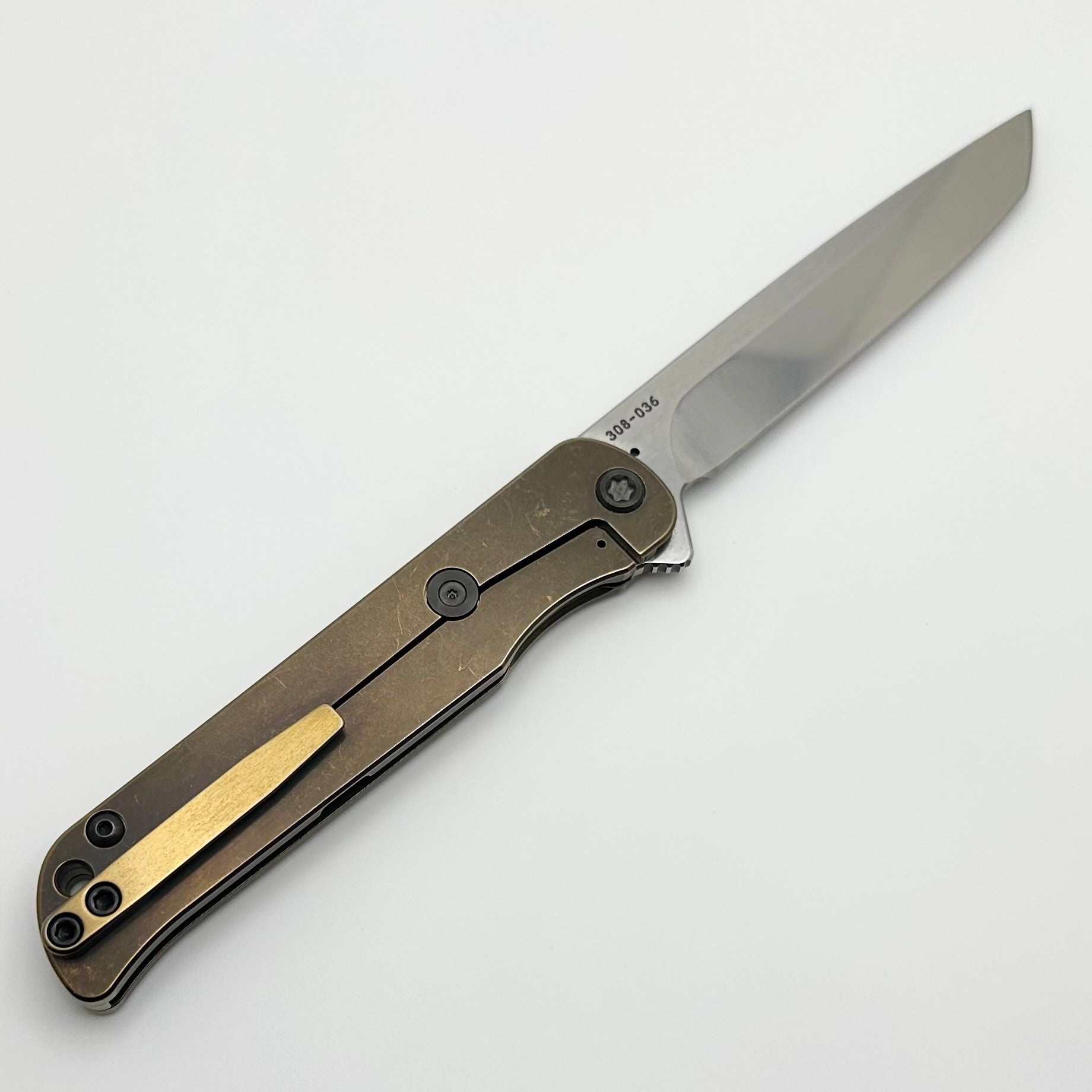 Medford T-Bone Bronze Tumbled Titanium Framelock Flipper w/ Tortoise Shell Inlay & Black Hardware w/ Tumbled S45VN Tanto Blade