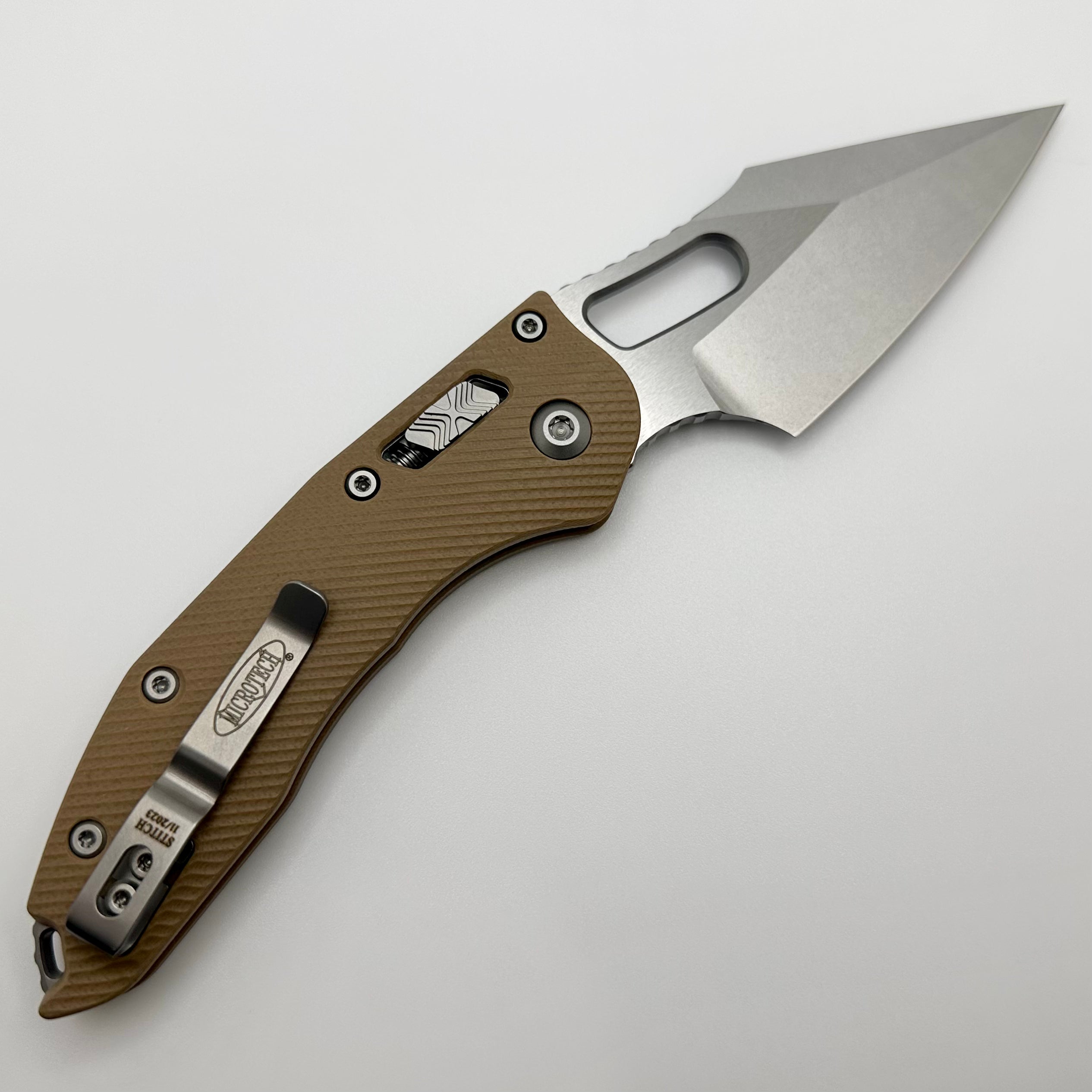 Microtech Knives Manual Stitch RAM LOK Fluted Tan G-10 & Stonewash M390MK 169RL-10FLGTTA