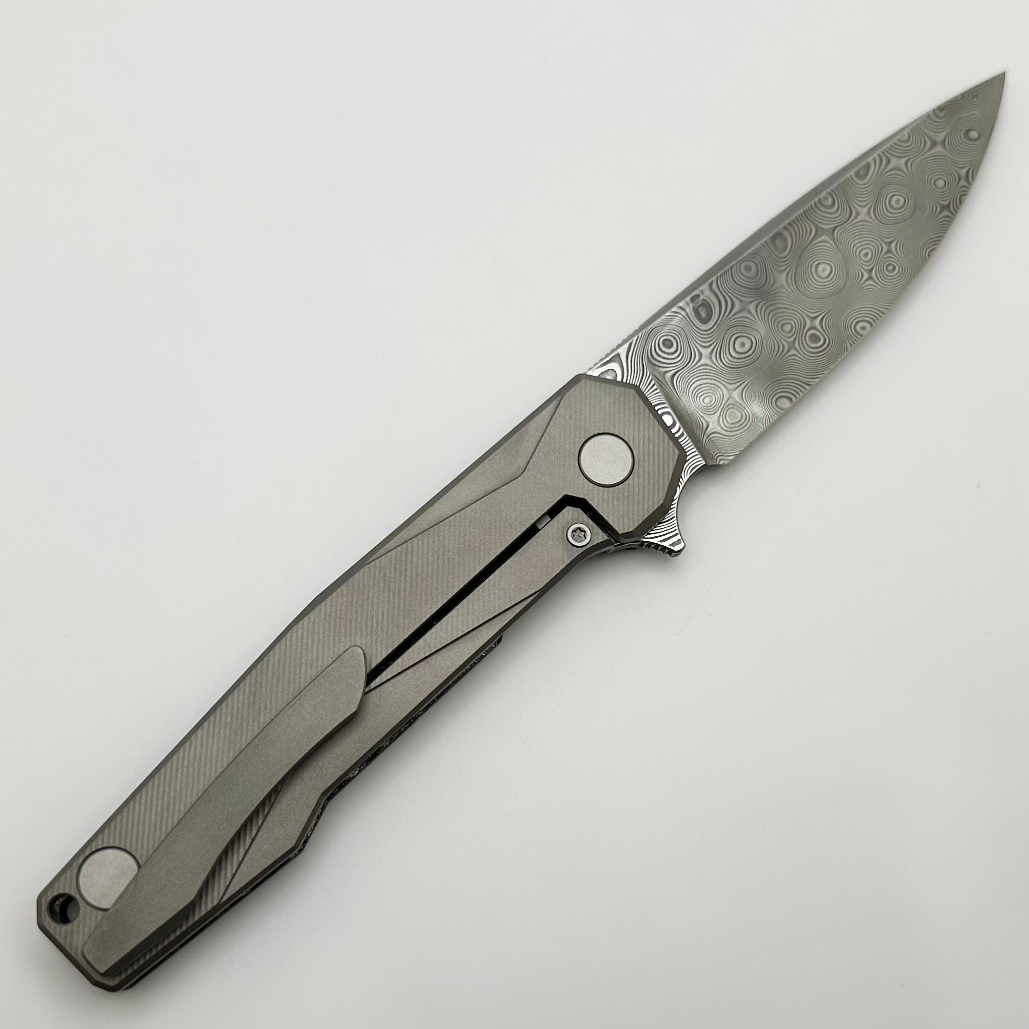 Uldanov Custom Knives R1 w/ Milled Titanium/Polar Dark Matter Carbon Fiber & Damascus Flipper #71