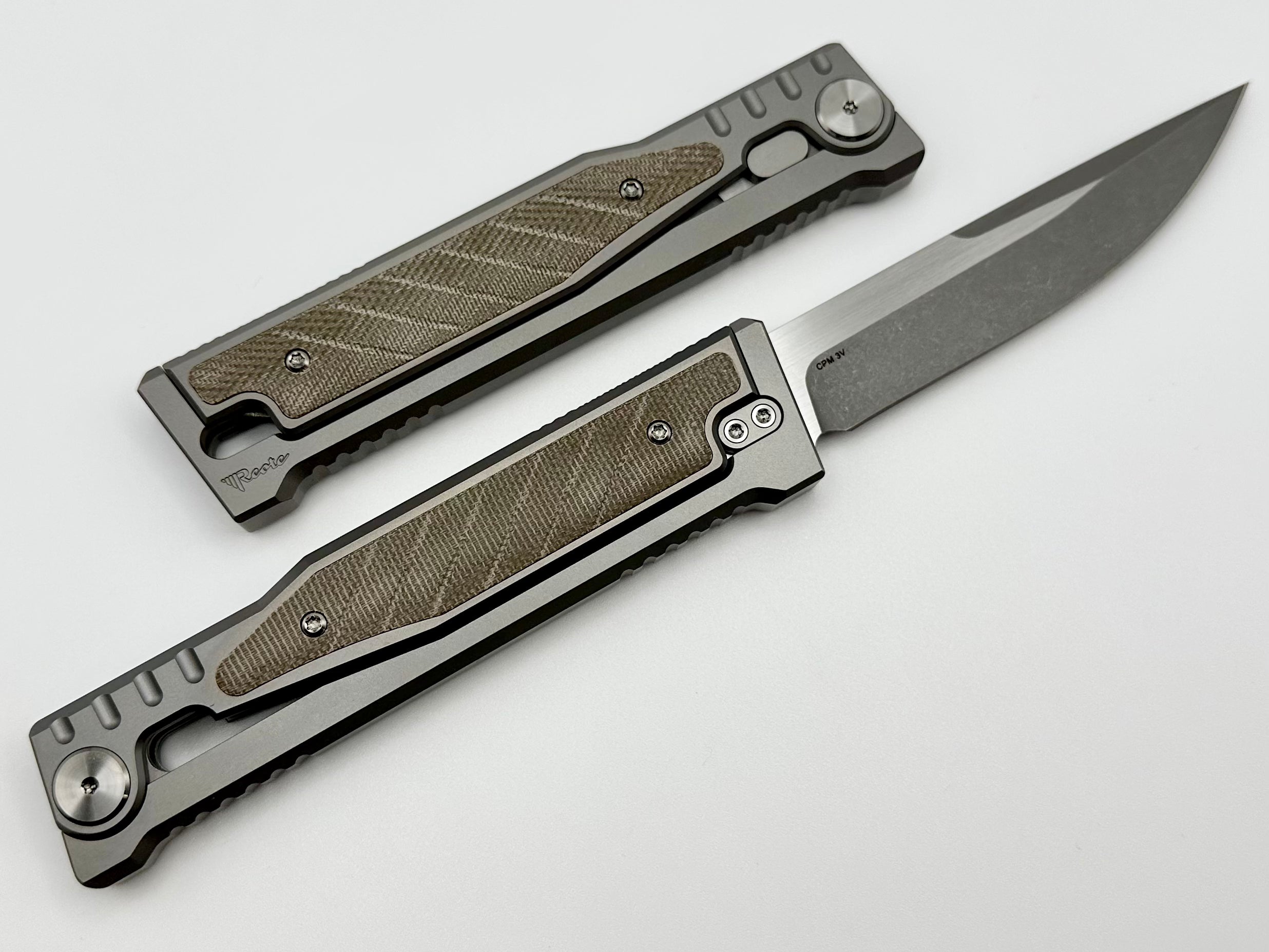 Reate EXO Exoskeleton Design Titanium/Green Micarta & CPM-3V Drop Point