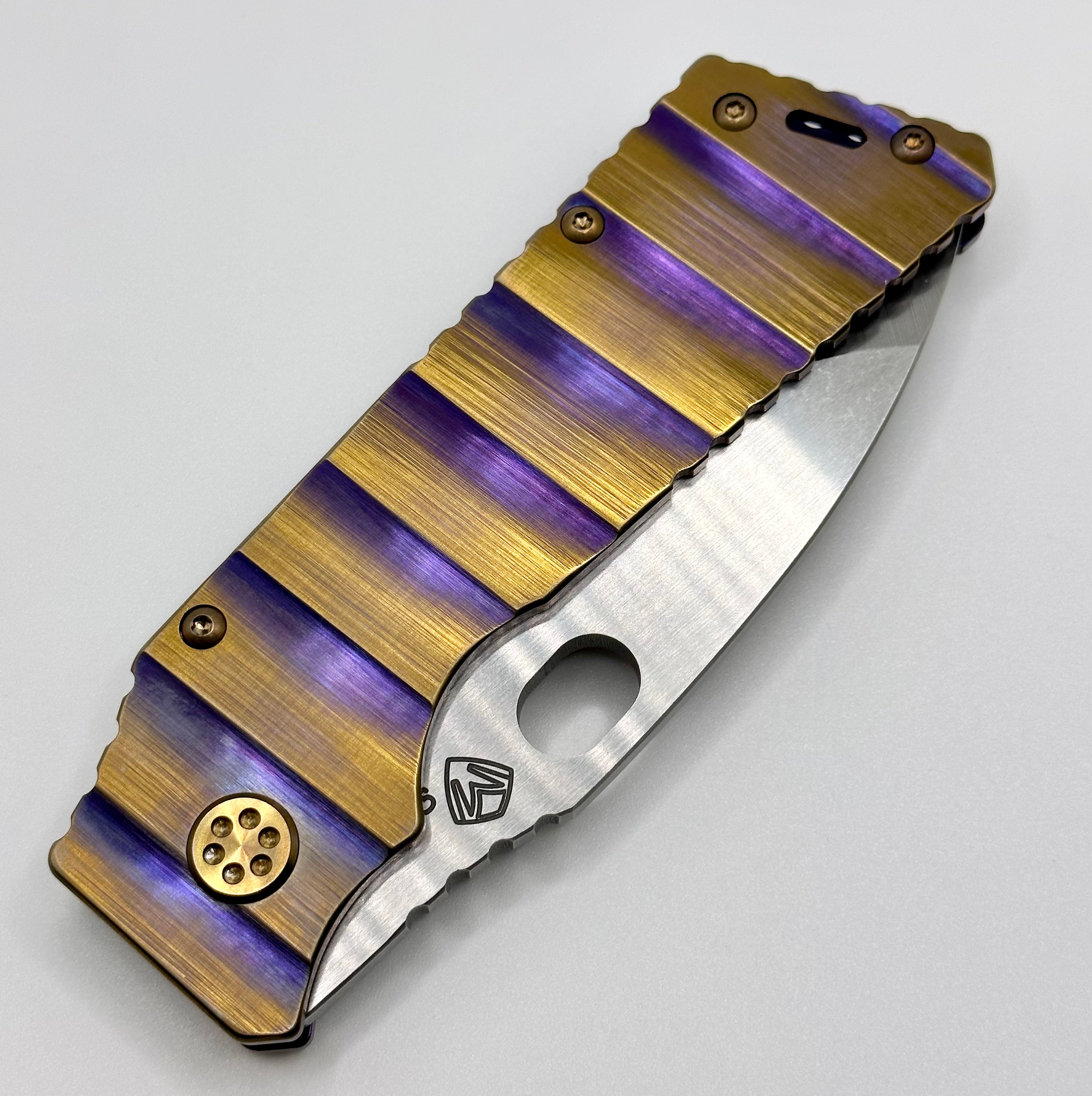 Medford TFF-1 Tumbled S35VN w/ Violet/Bronze Armadillo Sculpted Handles & Bronze Hardware/Clip