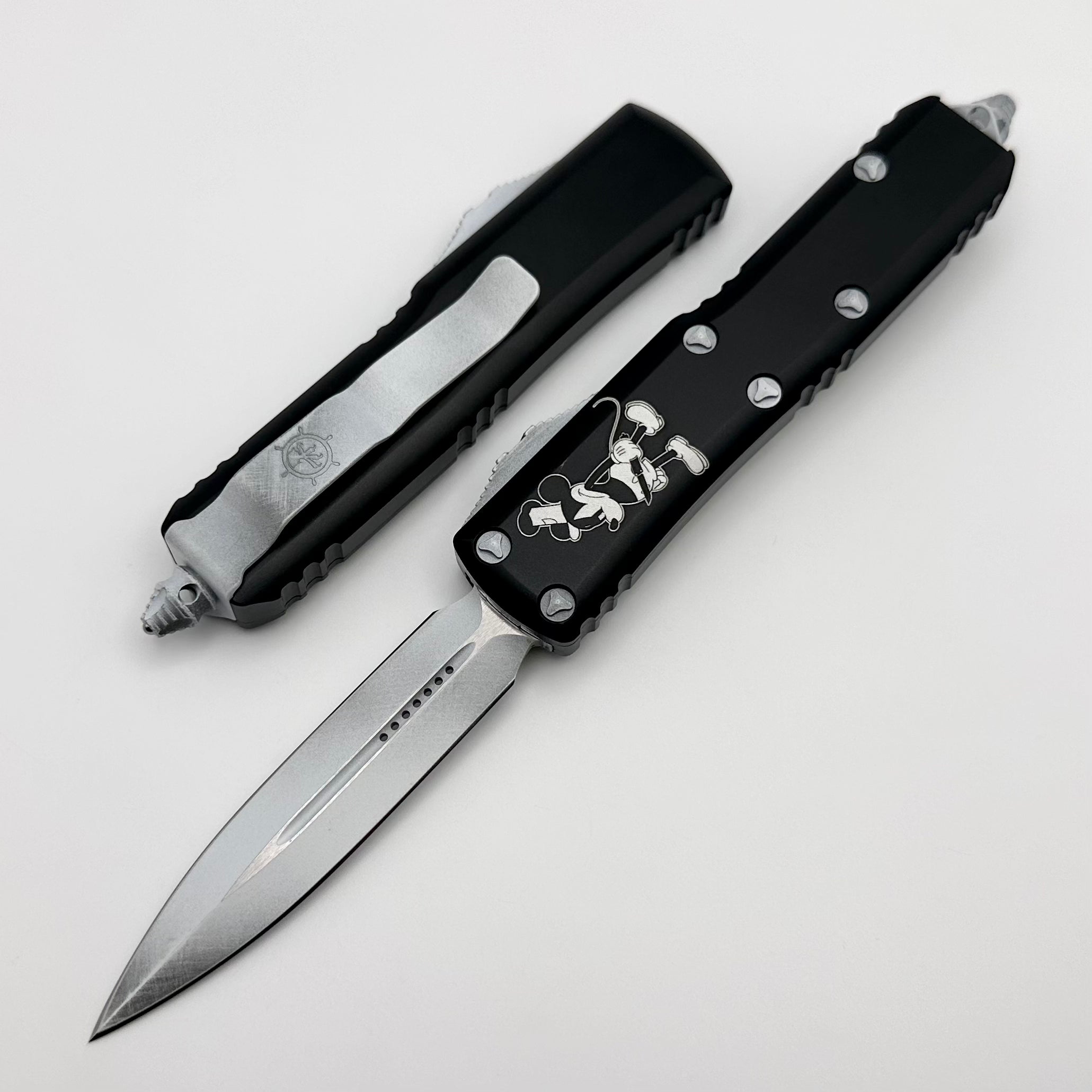 Microtech UTX-85 Steamboat Willie Black Handle w/ Dirty White Accents D/E 232-1SB