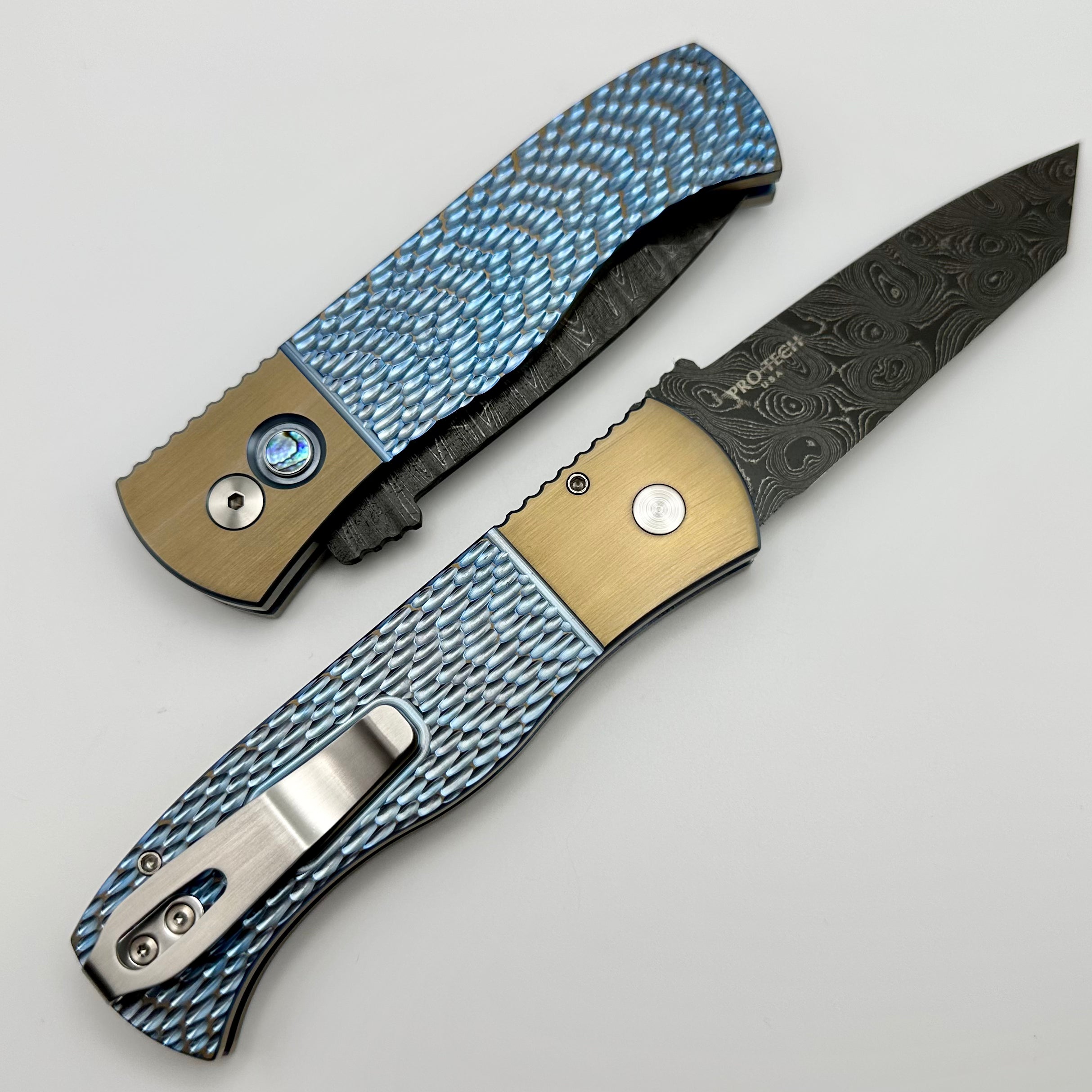 Pro-Tech Emerson CQC7 Jigged Titanium Blue/Bronze Handle w/ Abalone Button & Damascus Chisel Tanto Blade 2023 Emerson 001